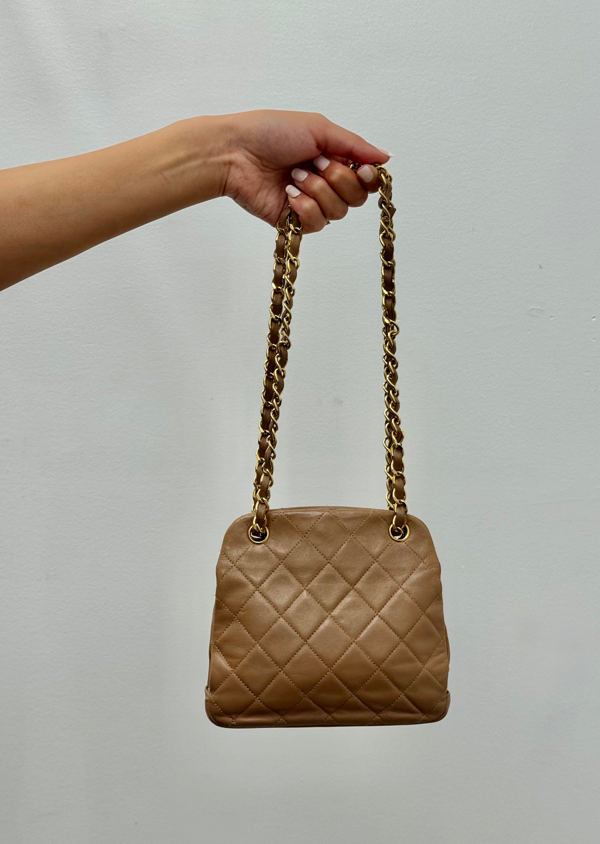 Chanel Vintage Kiss Lock Frame Chain Shoulder Bag in Quilted Lambskin Caramel
