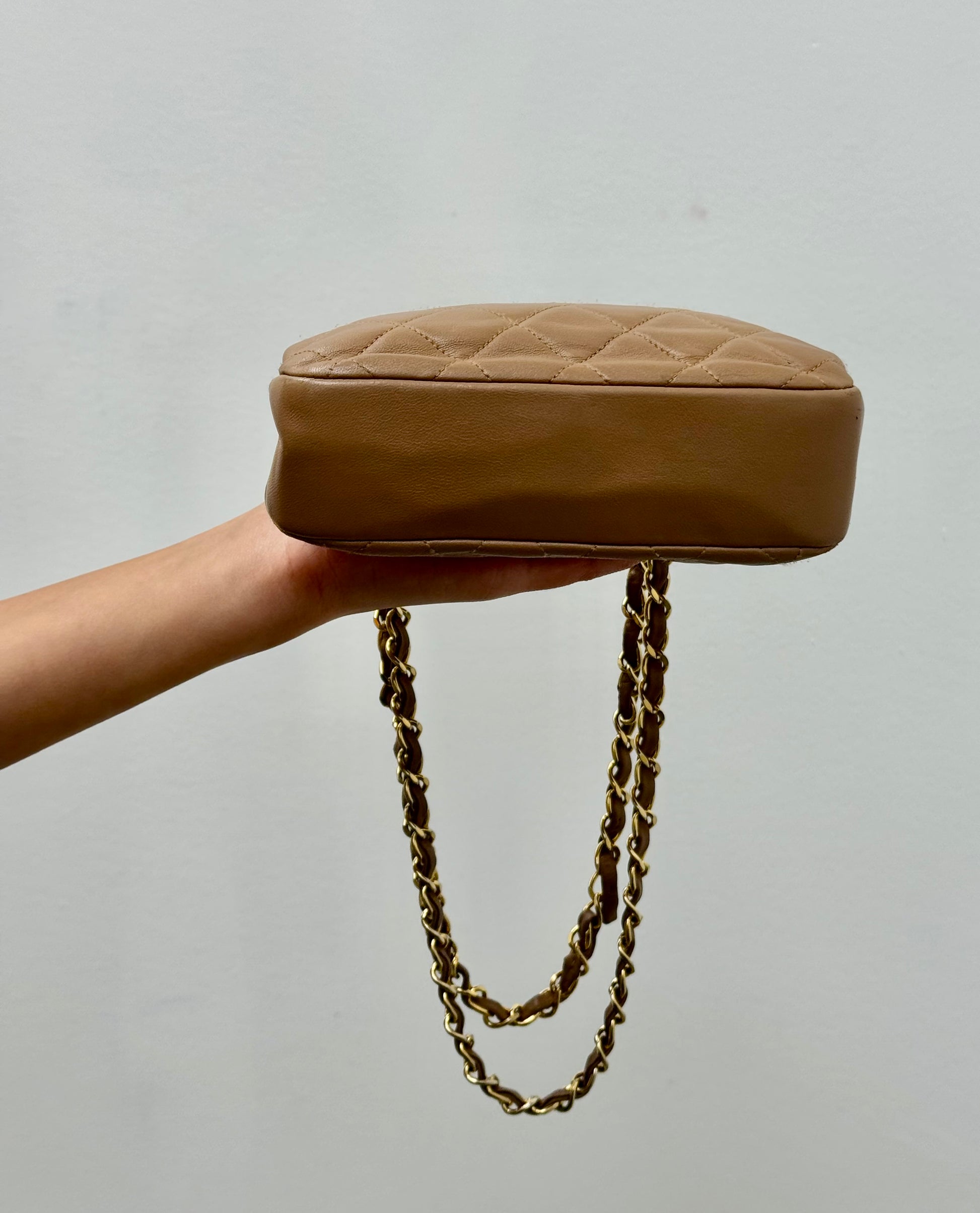 Chanel Vintage Kiss Lock Frame Chain Shoulder Bag in Quilted Lambskin Caramel
