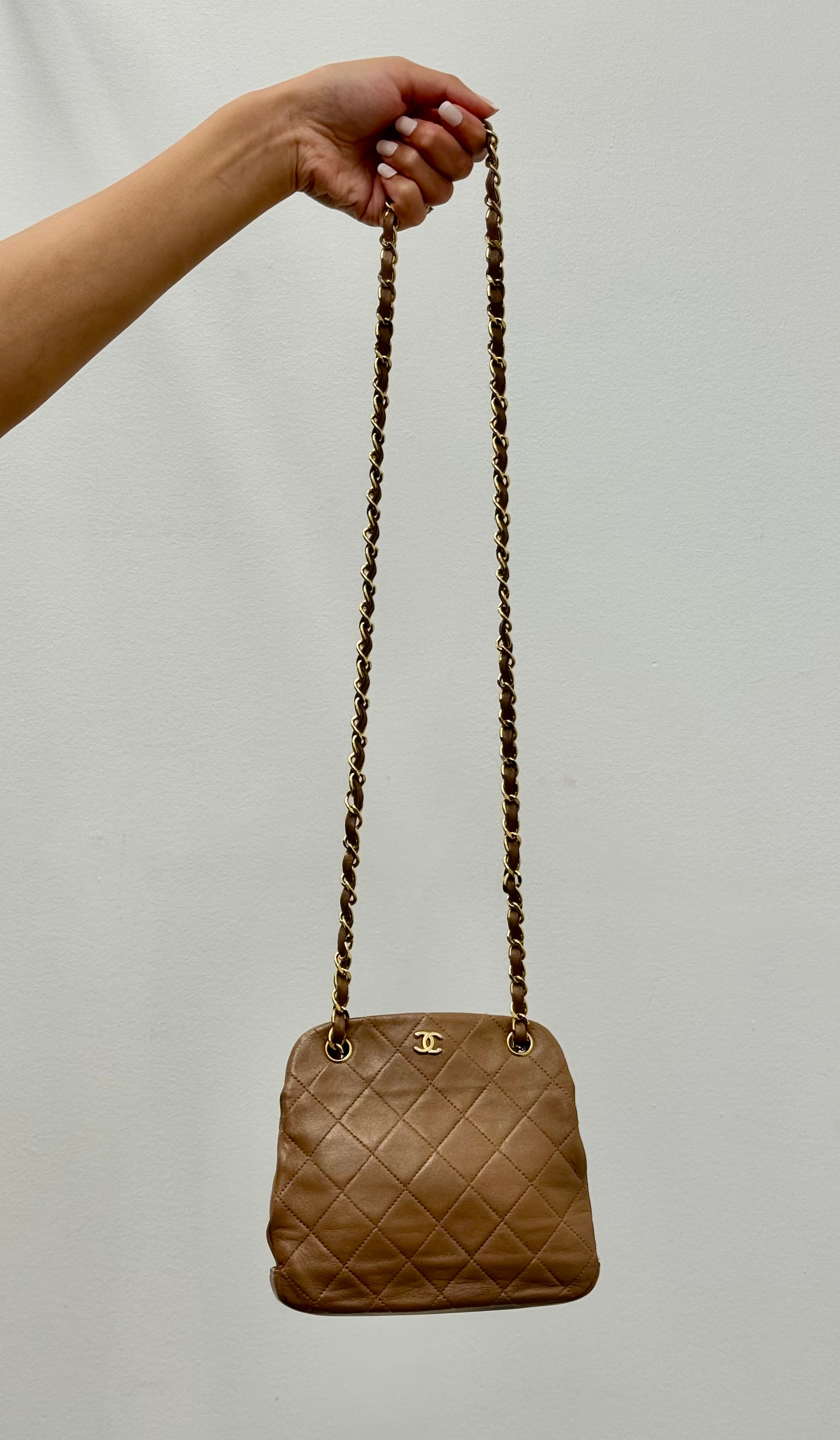 Chanel Vintage Kiss Lock Frame Chain Shoulder Bag in Quilted Lambskin Caramel