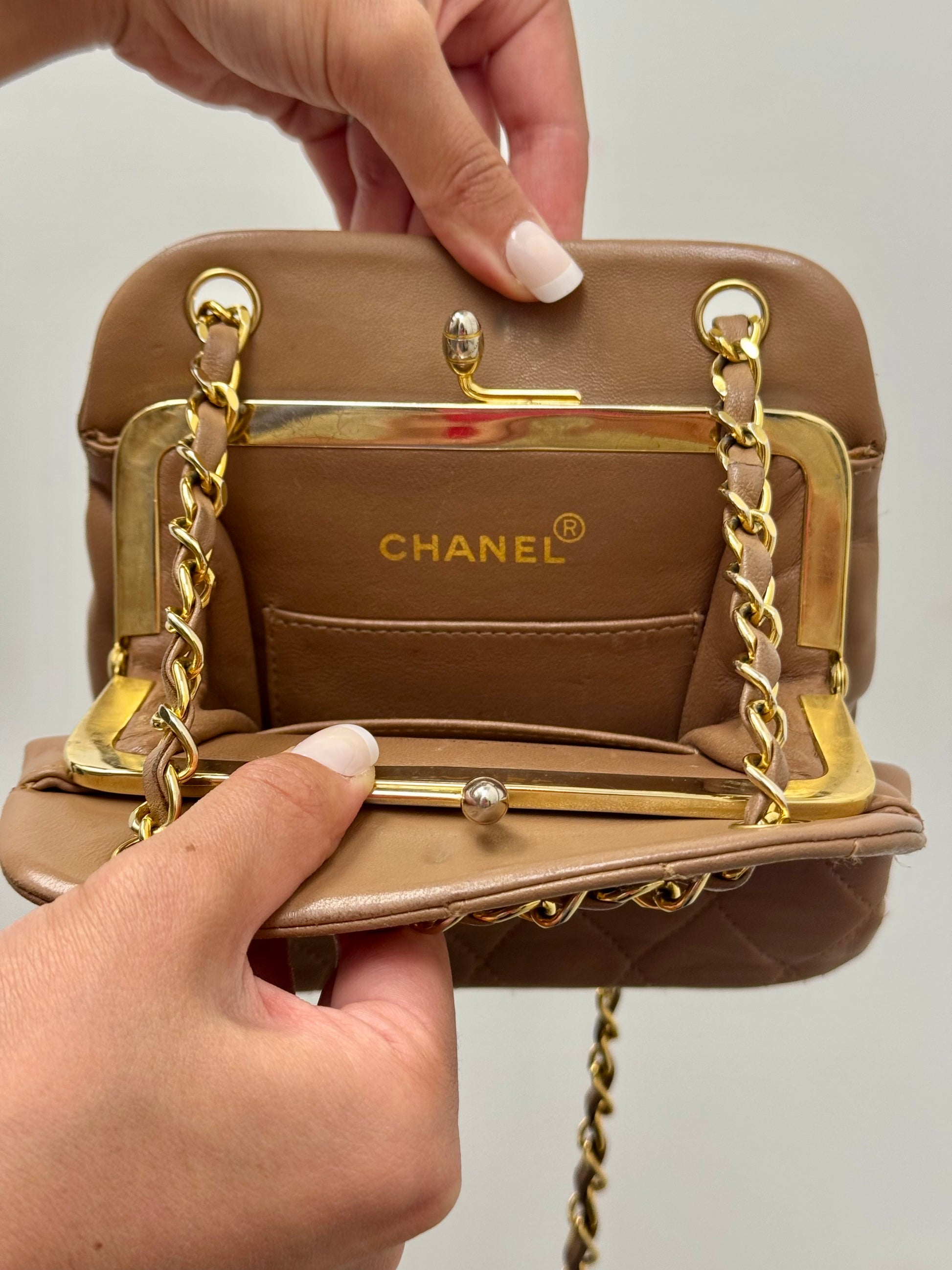 Chanel Vintage Kiss Lock Frame Chain Shoulder Bag in Quilted Lambskin Caramel