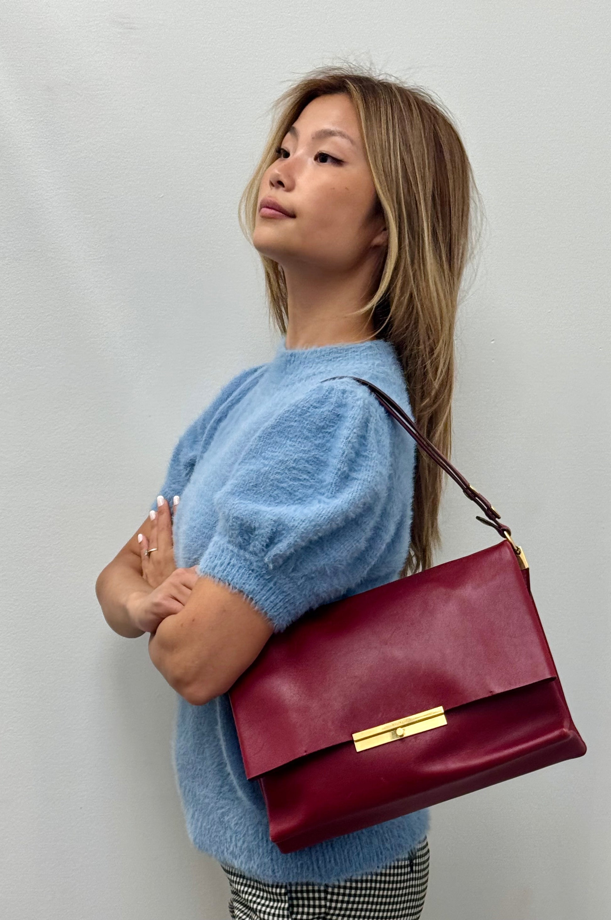 Celine Clasp Foldover Shoulder Bag in Bordeaux Smooth Calfskin