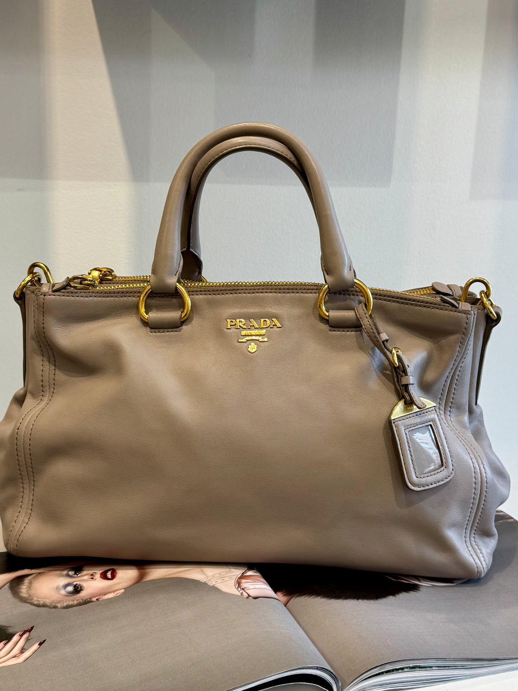 Prada Pomice Soft Calf Leather Double Zip Shopping Tote