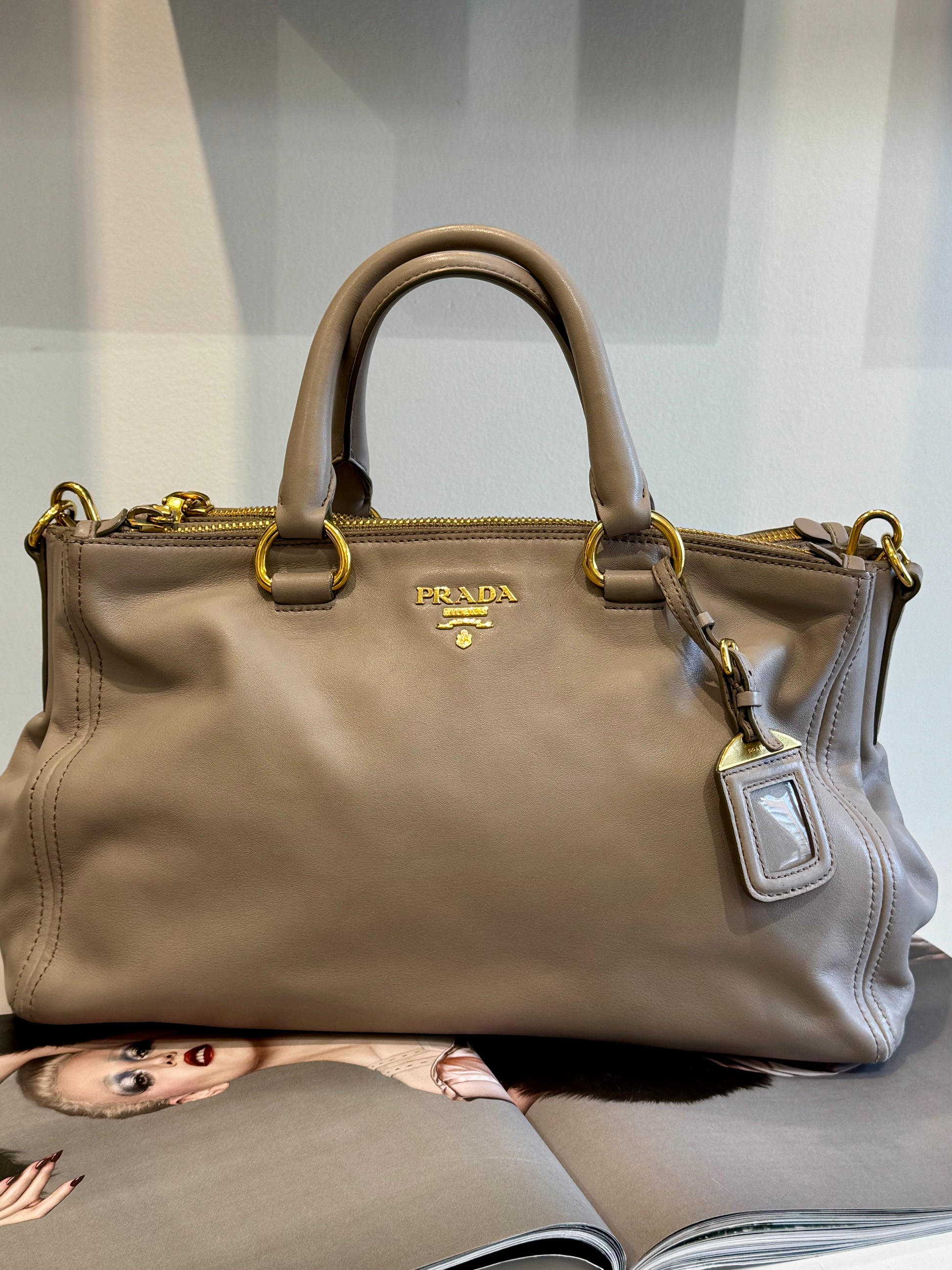 Prada Pomice Soft Calf Leather Double Zip Shopping Tote