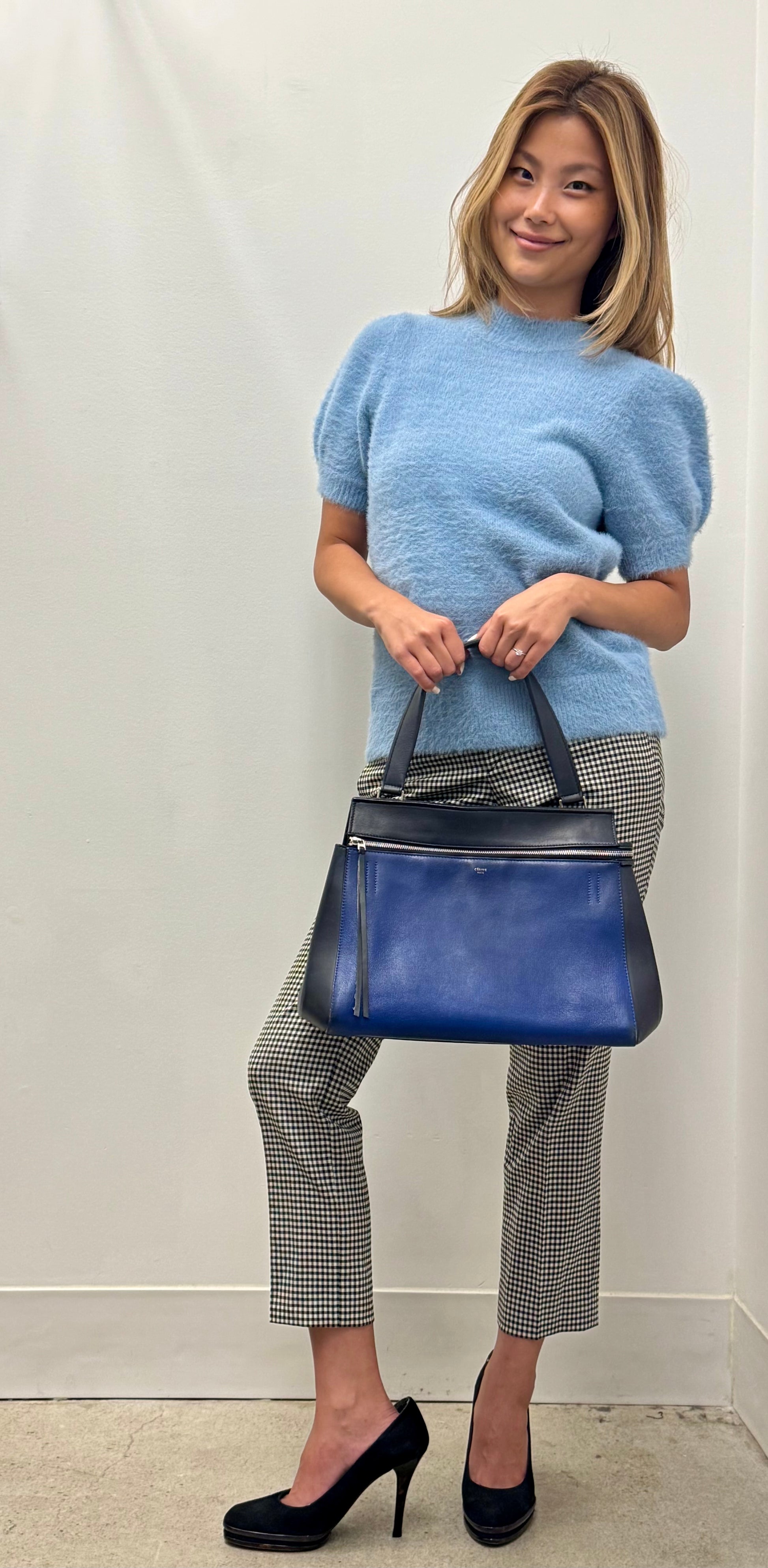 Celine Edge Medium bicolor top handle bag in cobalt blue and dark navy calfskin