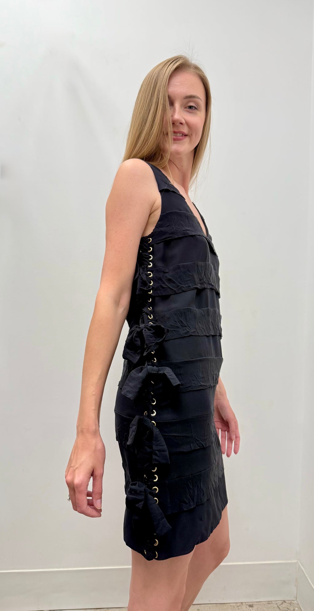 Chloé Lace Up Side Ruffle Mini Dress in Black