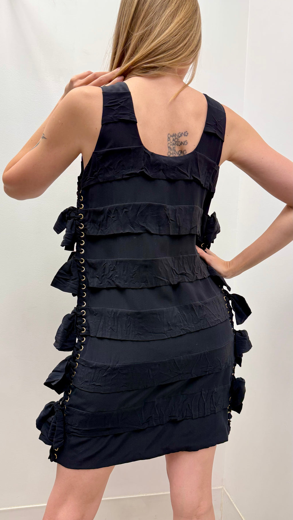 Chloé Lace Up Side Ruffle Mini Dress in Black