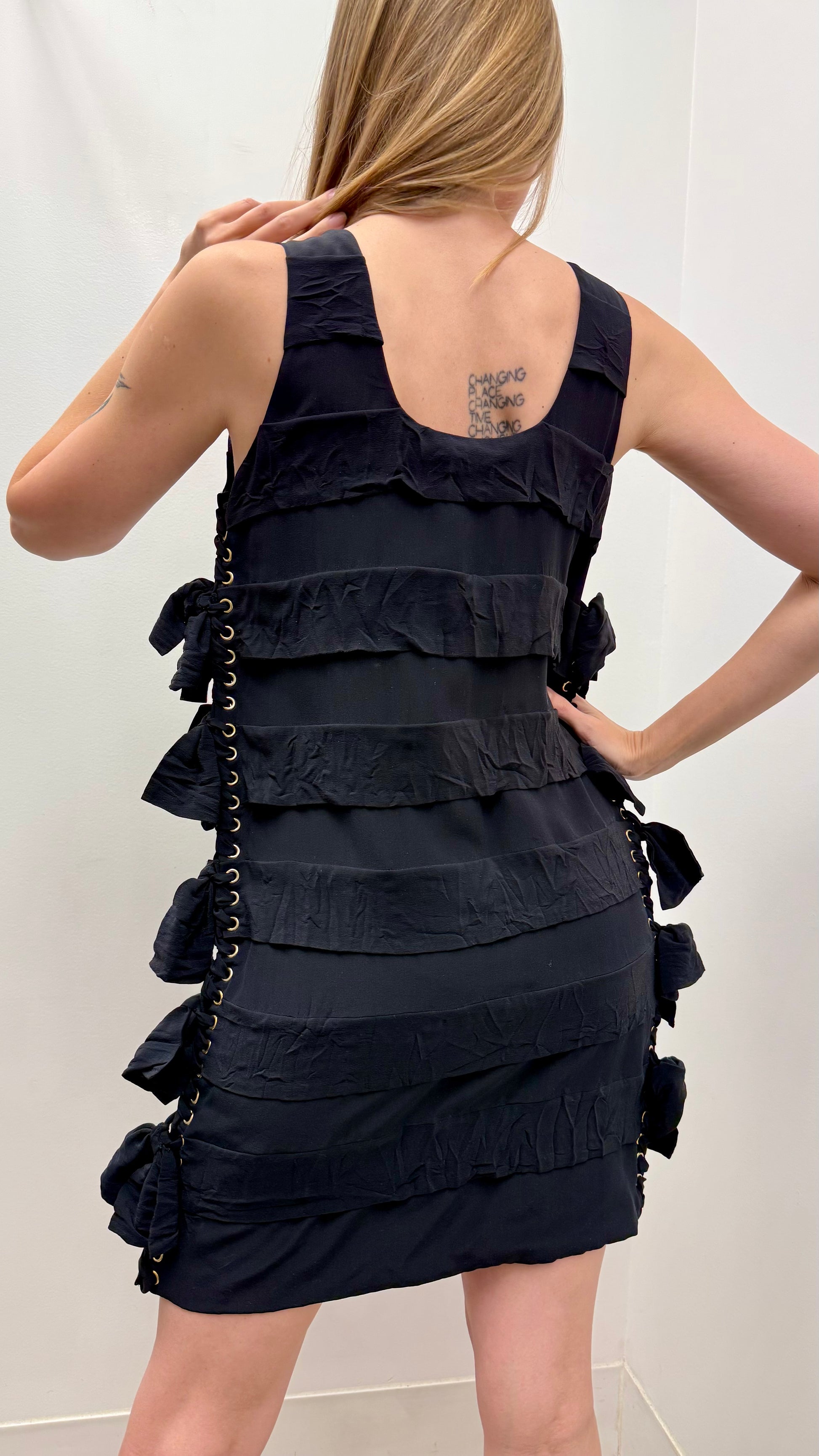 Chloé Lace Up Side Ruffle Mini Dress in Black