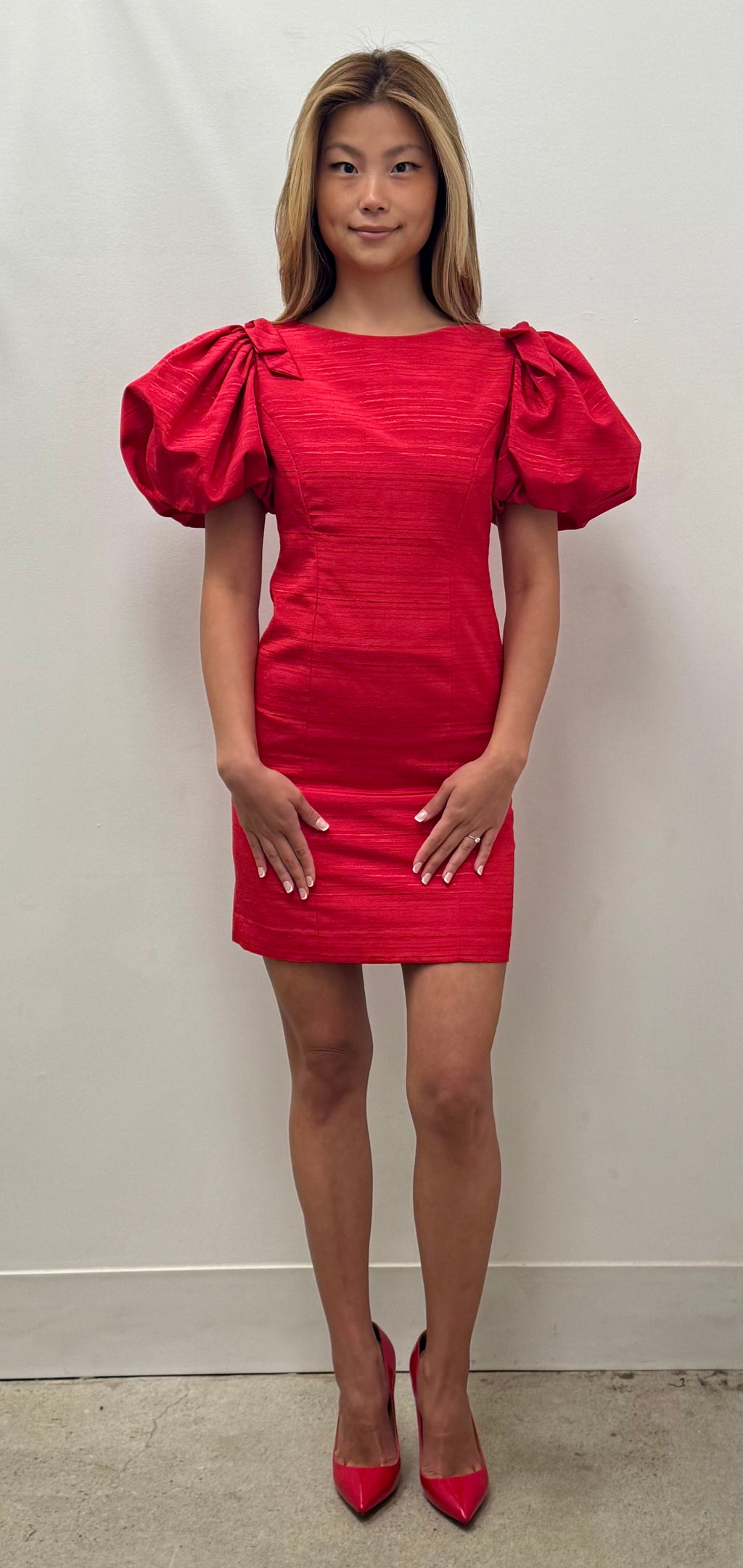 Red puff sleeve bow shoulder mini dress in shantung taffeta
