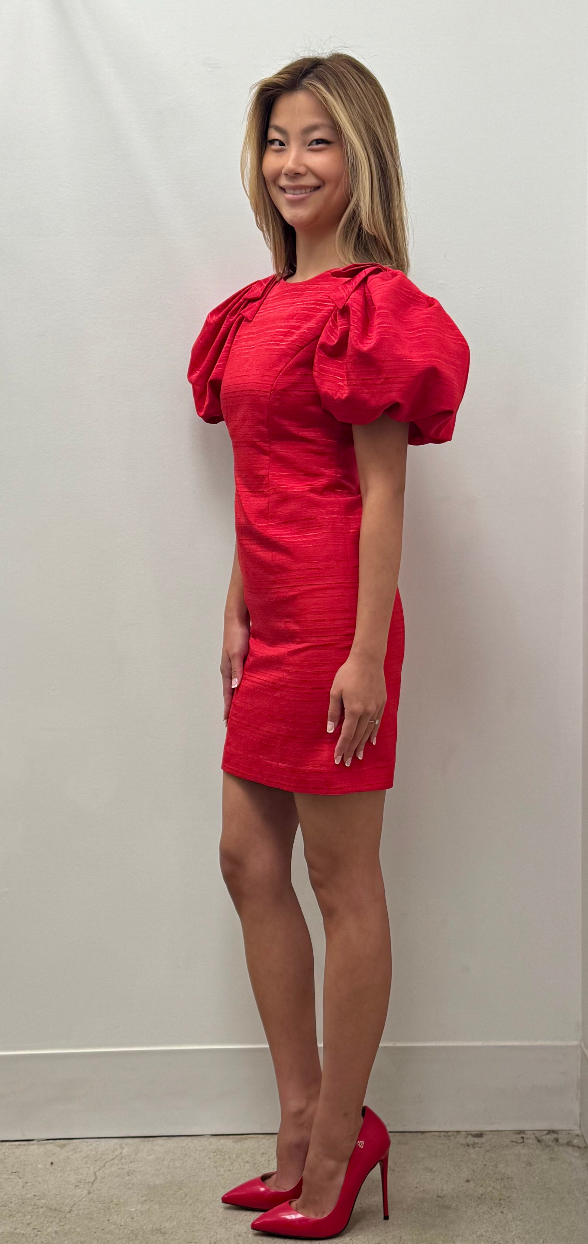Red puff sleeve bow shoulder mini dress in shantung taffeta