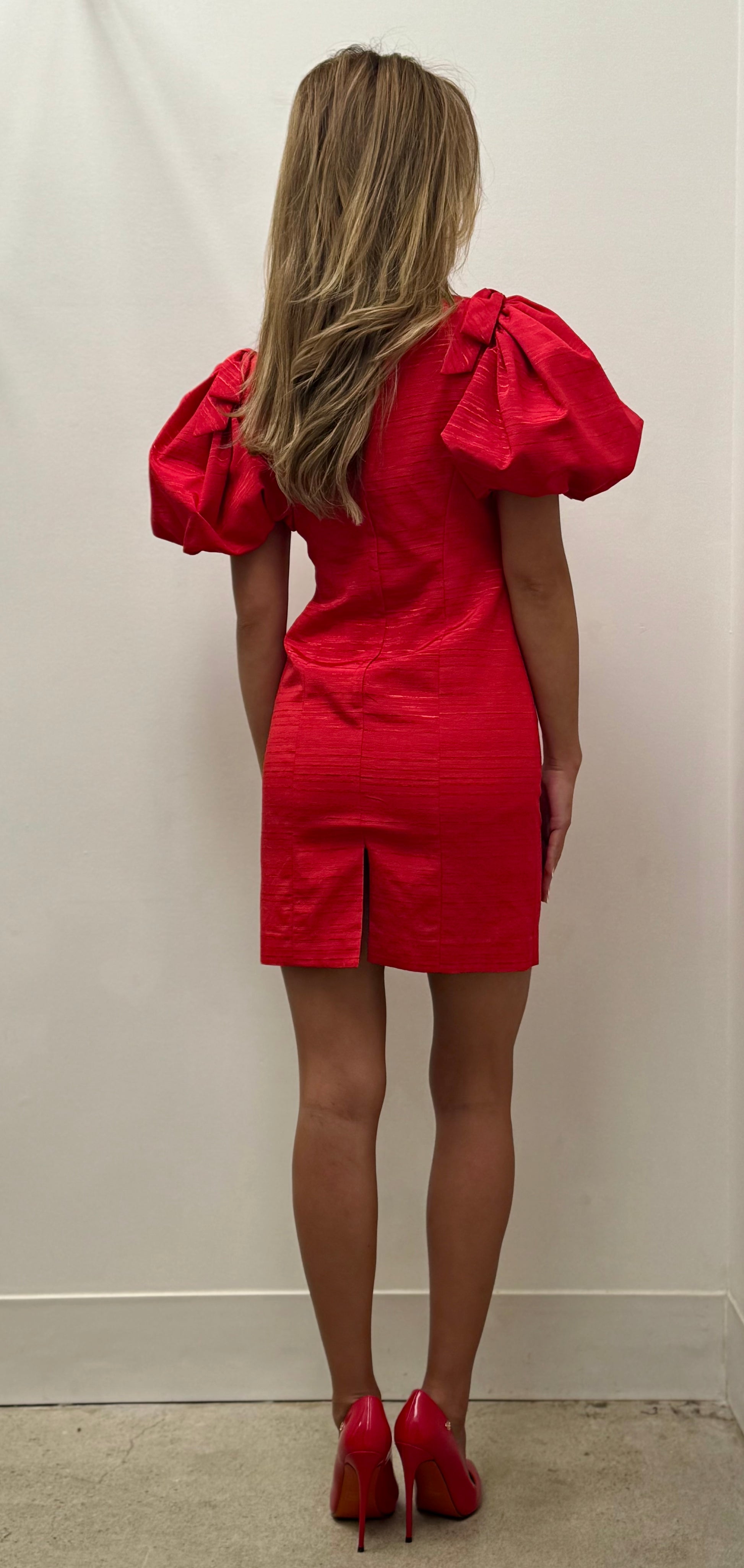 Red puff sleeve bow shoulder mini dress in shantung taffeta