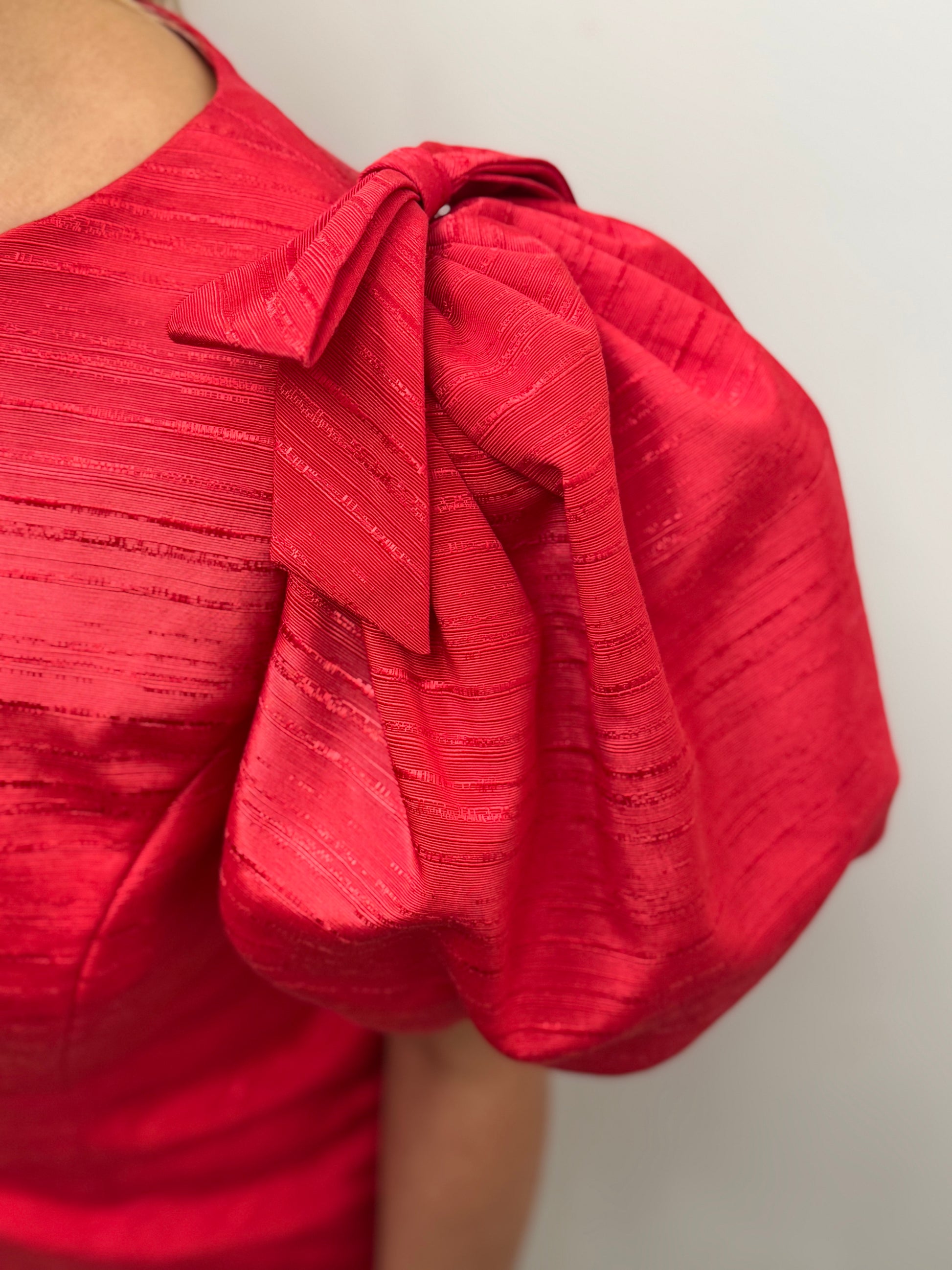 Red puff sleeve bow shoulder mini dress in shantung taffeta