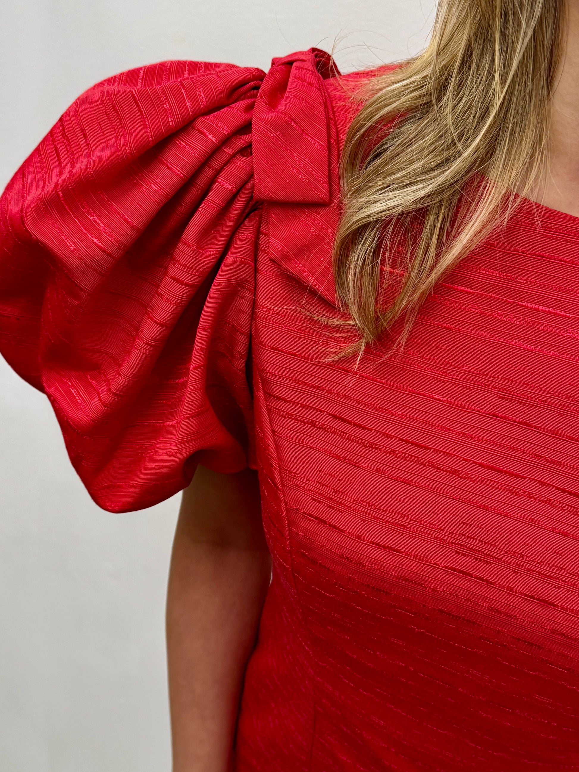 Red puff sleeve bow shoulder mini dress in shantung taffeta