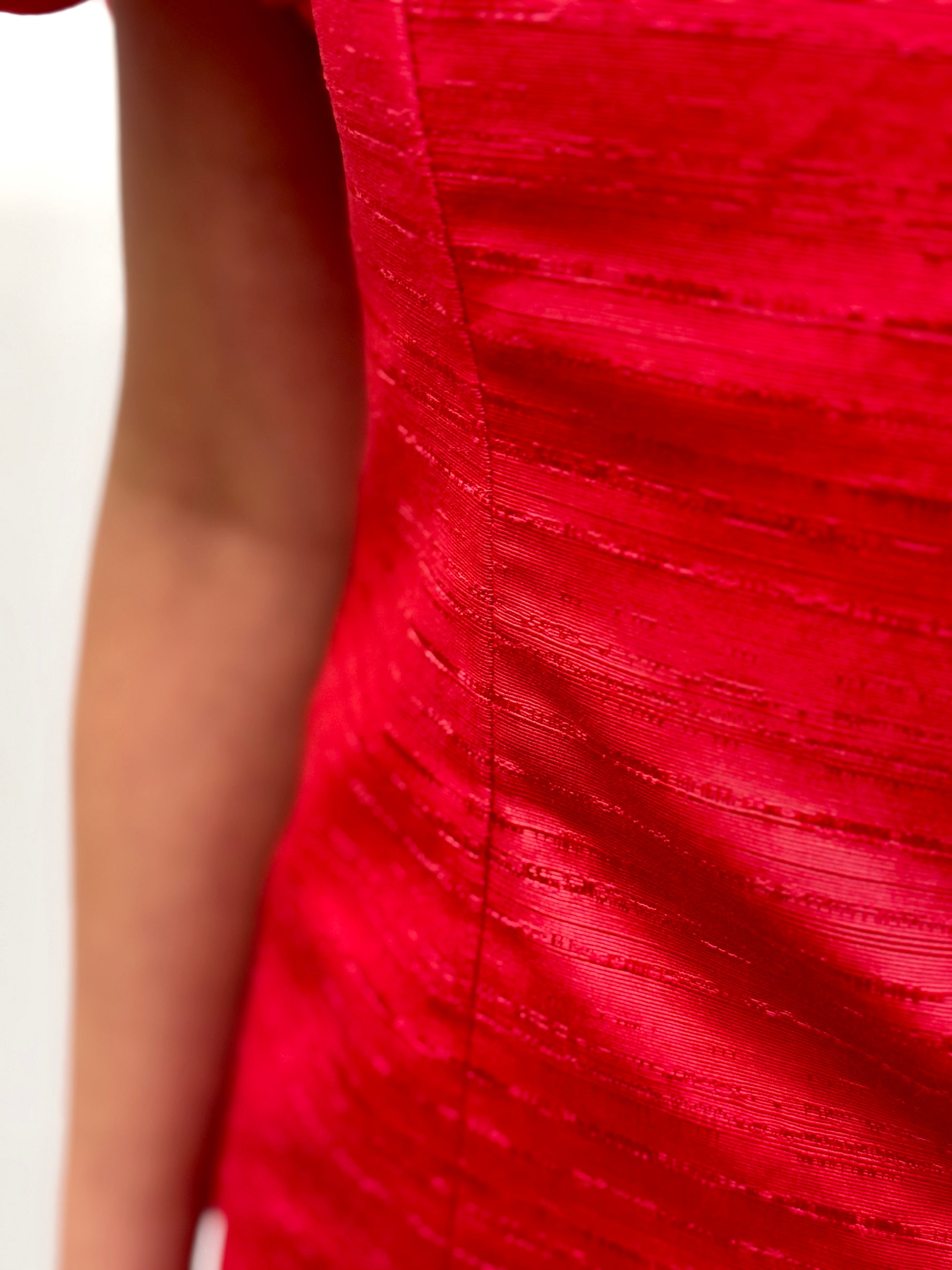 Red puff sleeve bow shoulder mini dress in shantung taffeta