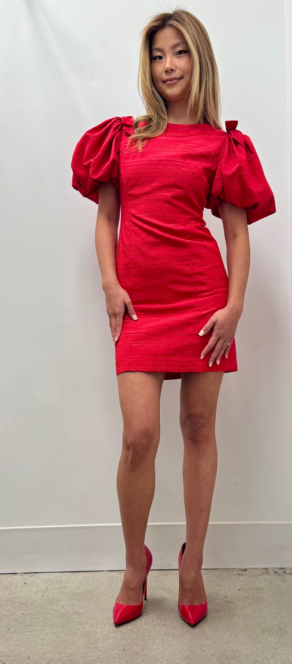 Red puff sleeve bow shoulder mini dress in shantung taffeta