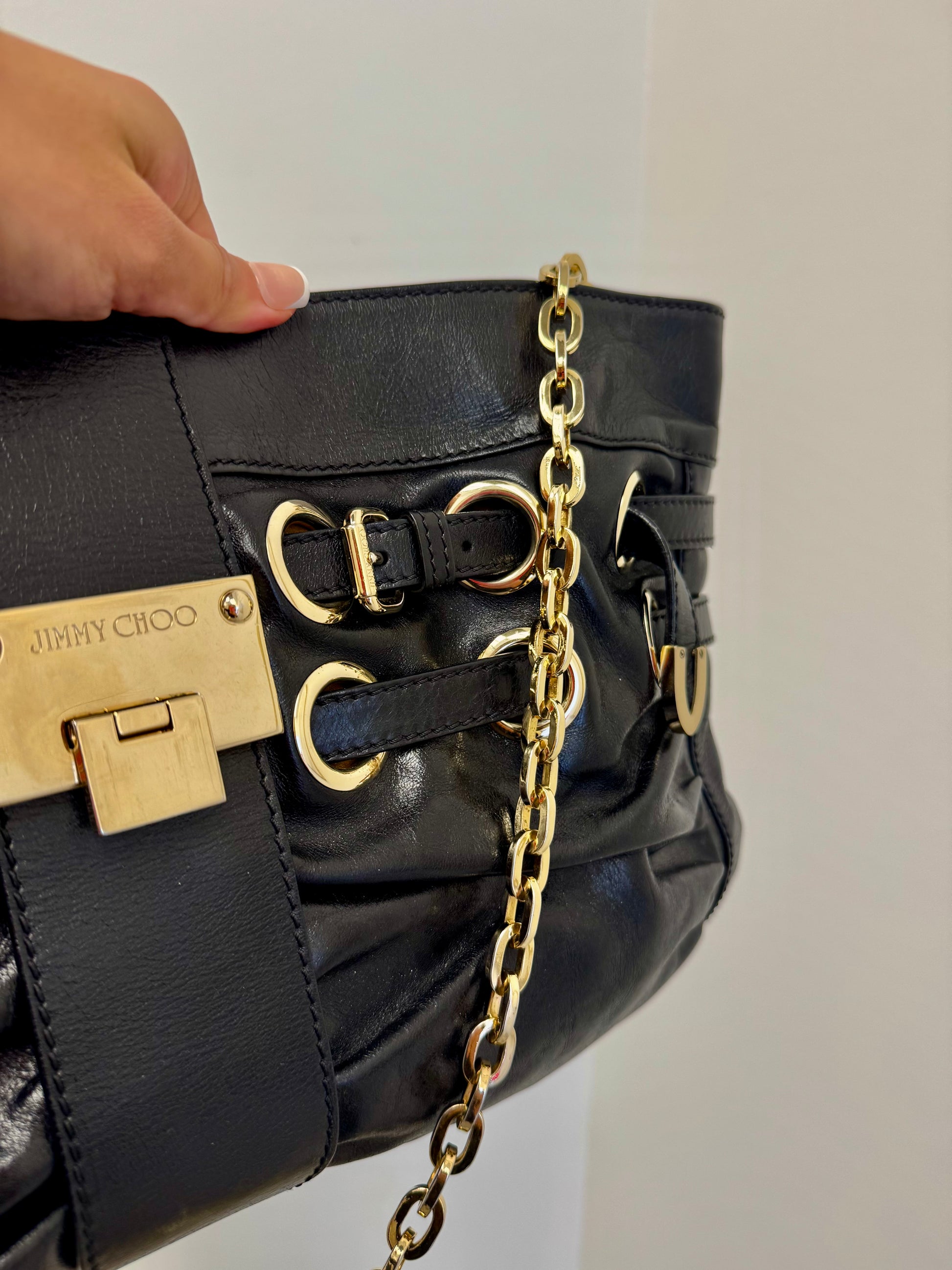 Jimmy Choo Rio Ramona Oversize Chain Clutch in black leather