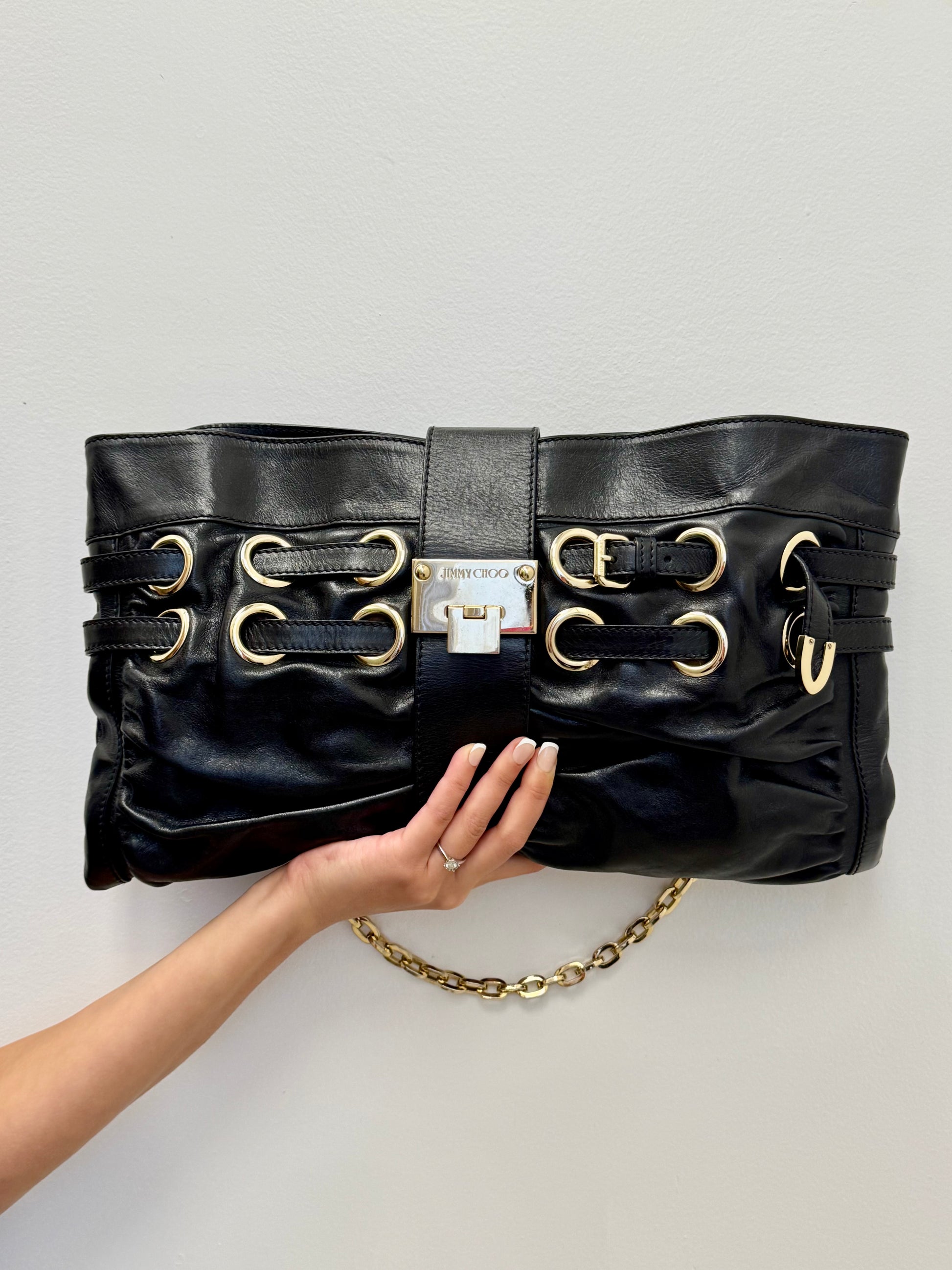 Jimmy Choo Rio Ramona Oversize Chain Clutch in black leather