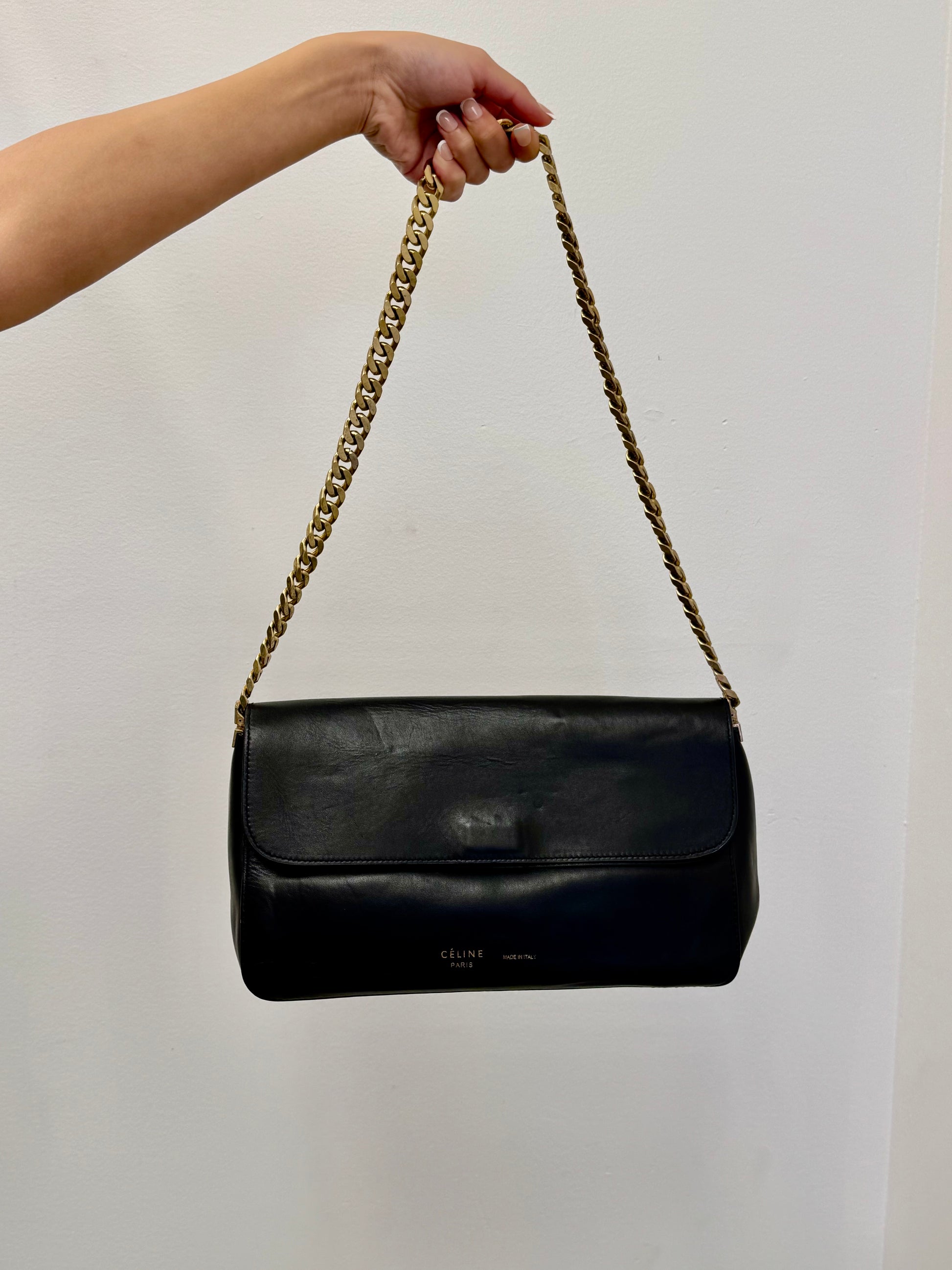 Céline Vintage Chain Flap Shoulder Bag in Black Calfskin