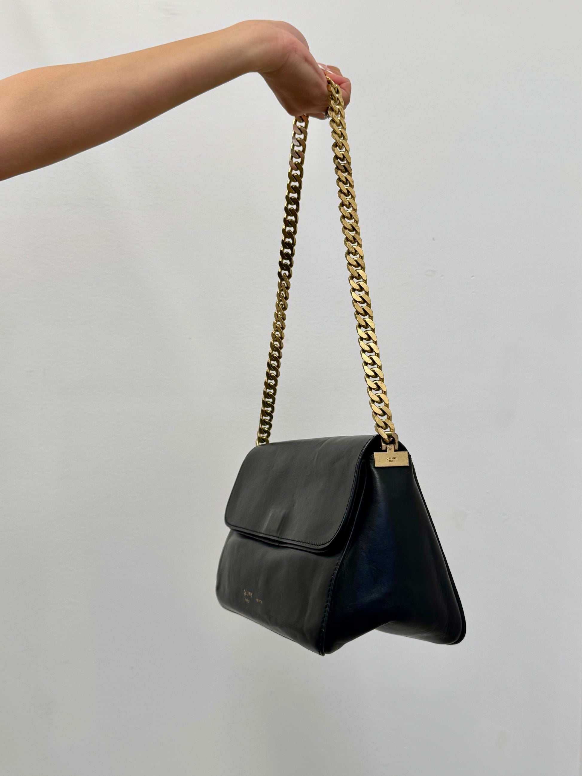 Céline Vintage Chain Flap Shoulder Bag in Black Calfskin