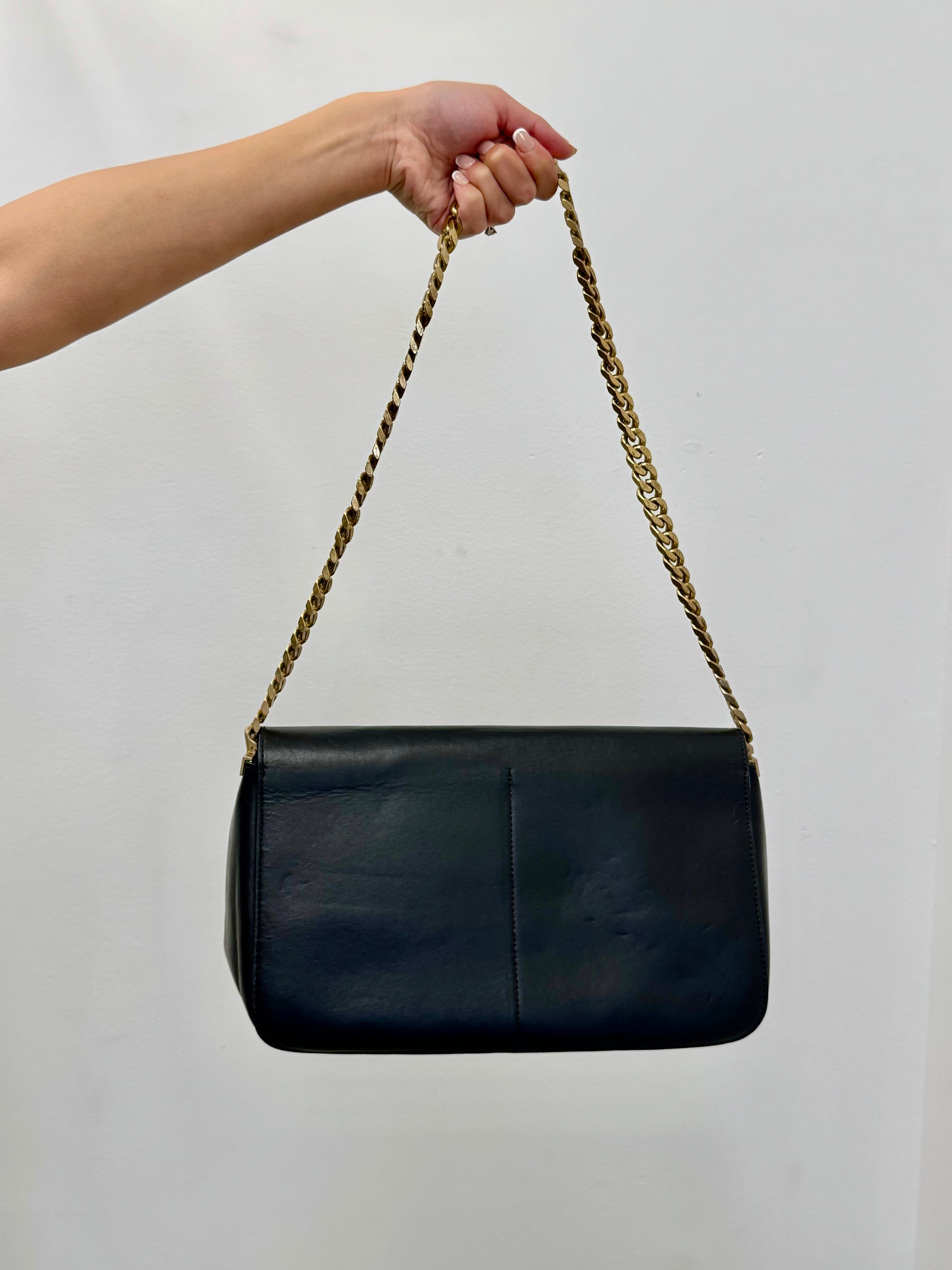Céline Vintage Chain Flap Shoulder Bag in Black Calfskin