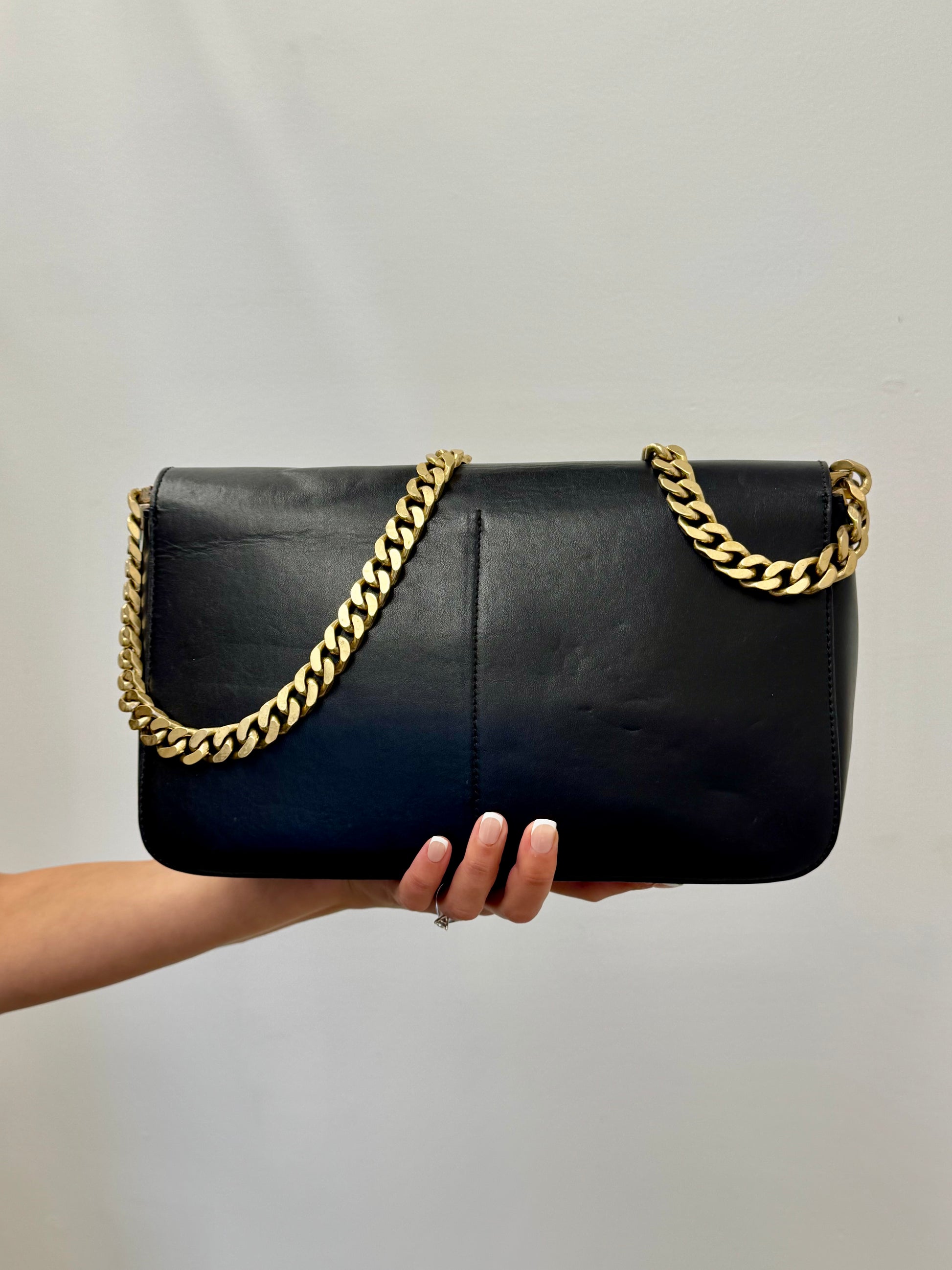 Céline Vintage Chain Flap Shoulder Bag in Black Calfskin