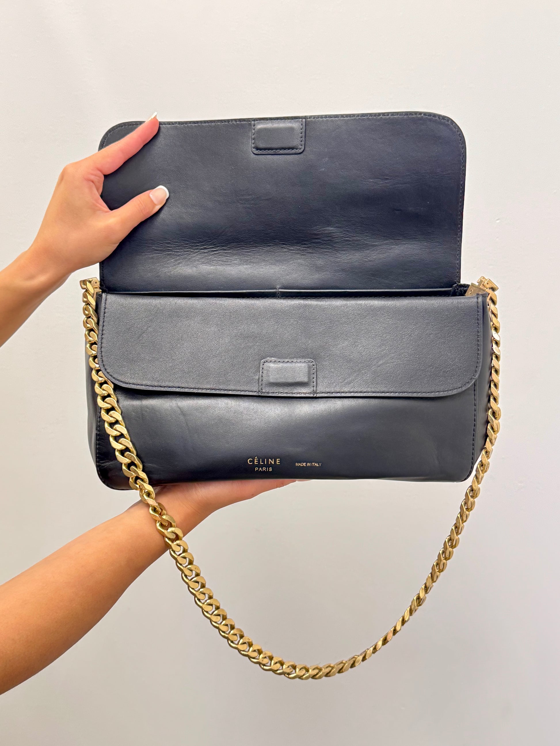 Céline Vintage Chain Flap Shoulder Bag in Black Calfskin