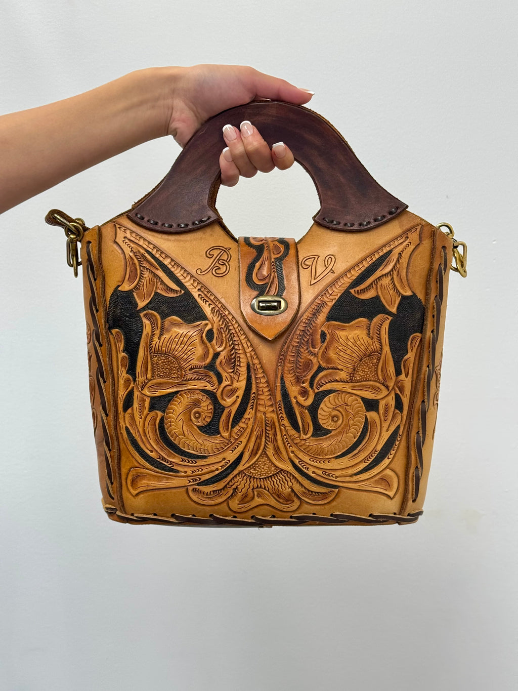 Vintage Hand Tooled Leather Bag Floral Western Tote / Crossbody