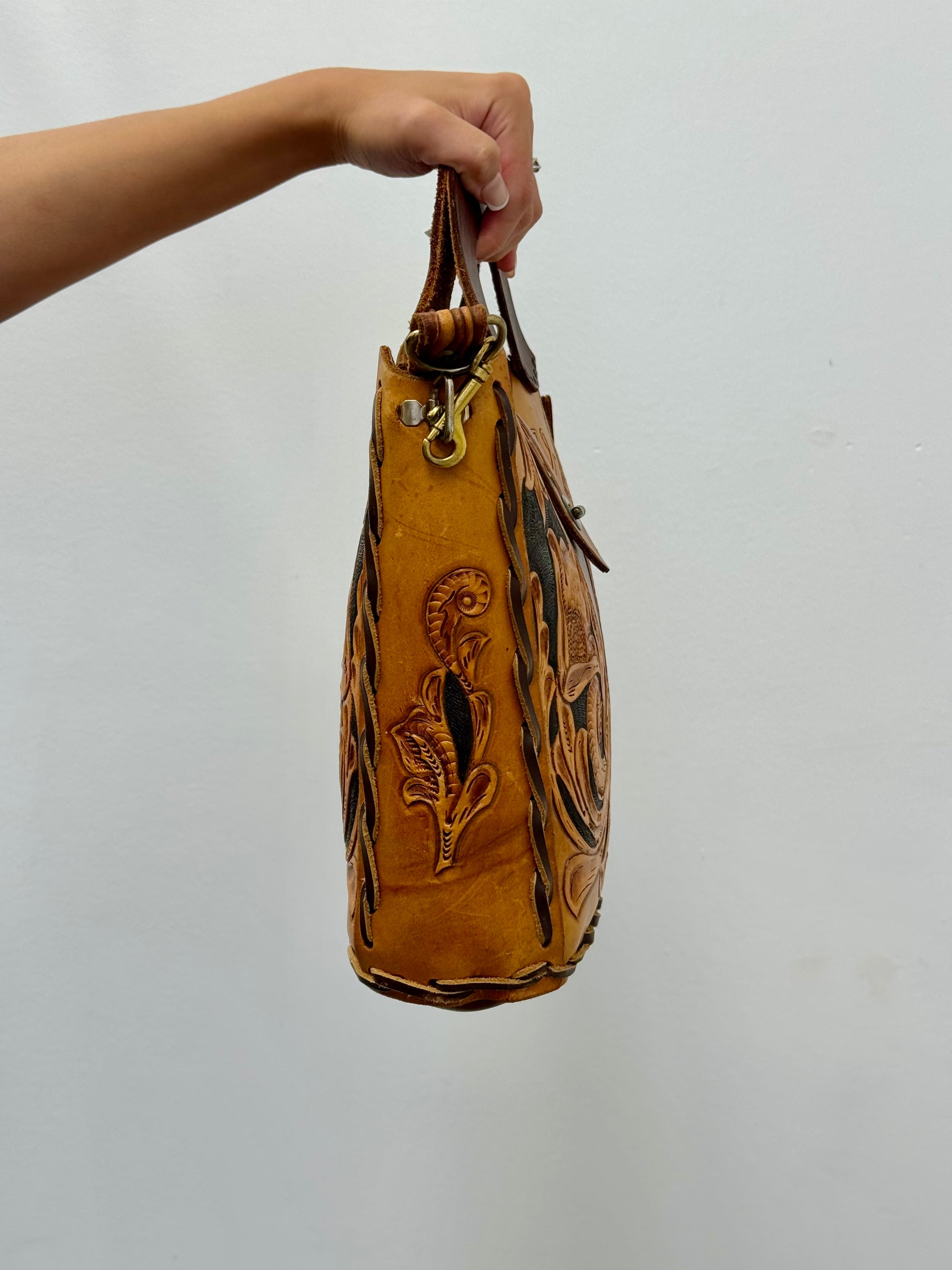 Vintage Hand Tooled Leather Bag Floral Western Tote / Crossbody