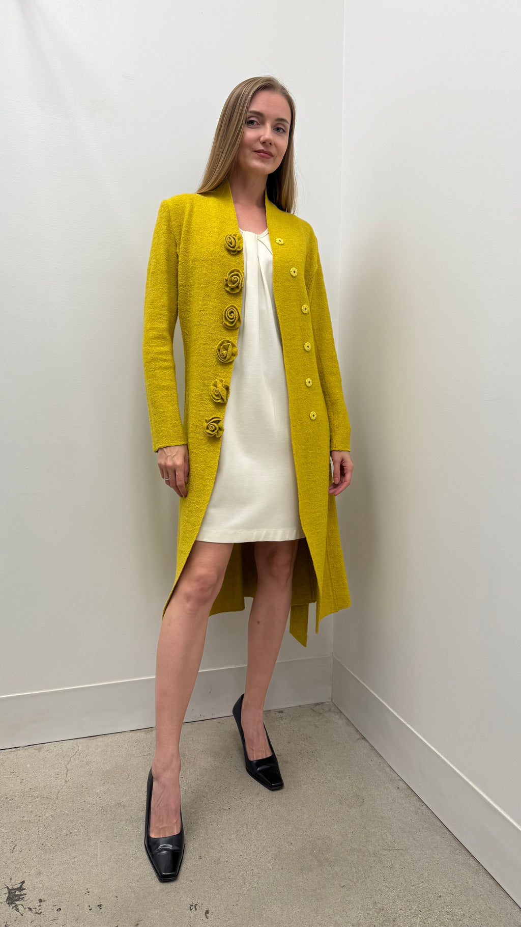 Chloé bouclé wool rosette button belted coat in chartreuse