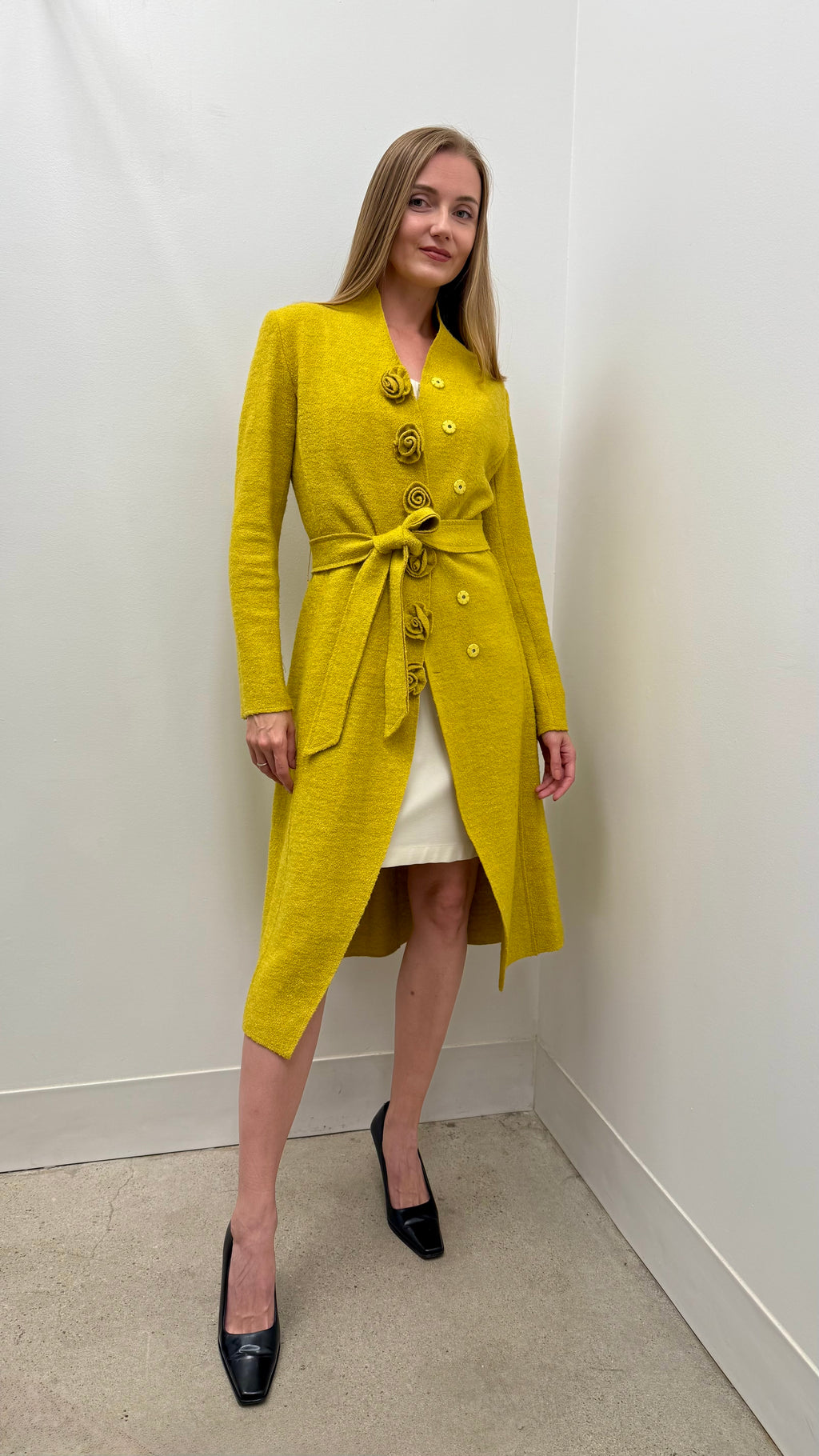 Chloé bouclé wool rosette button belted coat in chartreuse