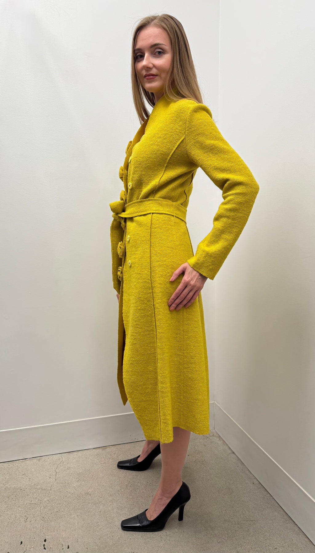 Chloé bouclé wool rosette button belted coat in chartreuse