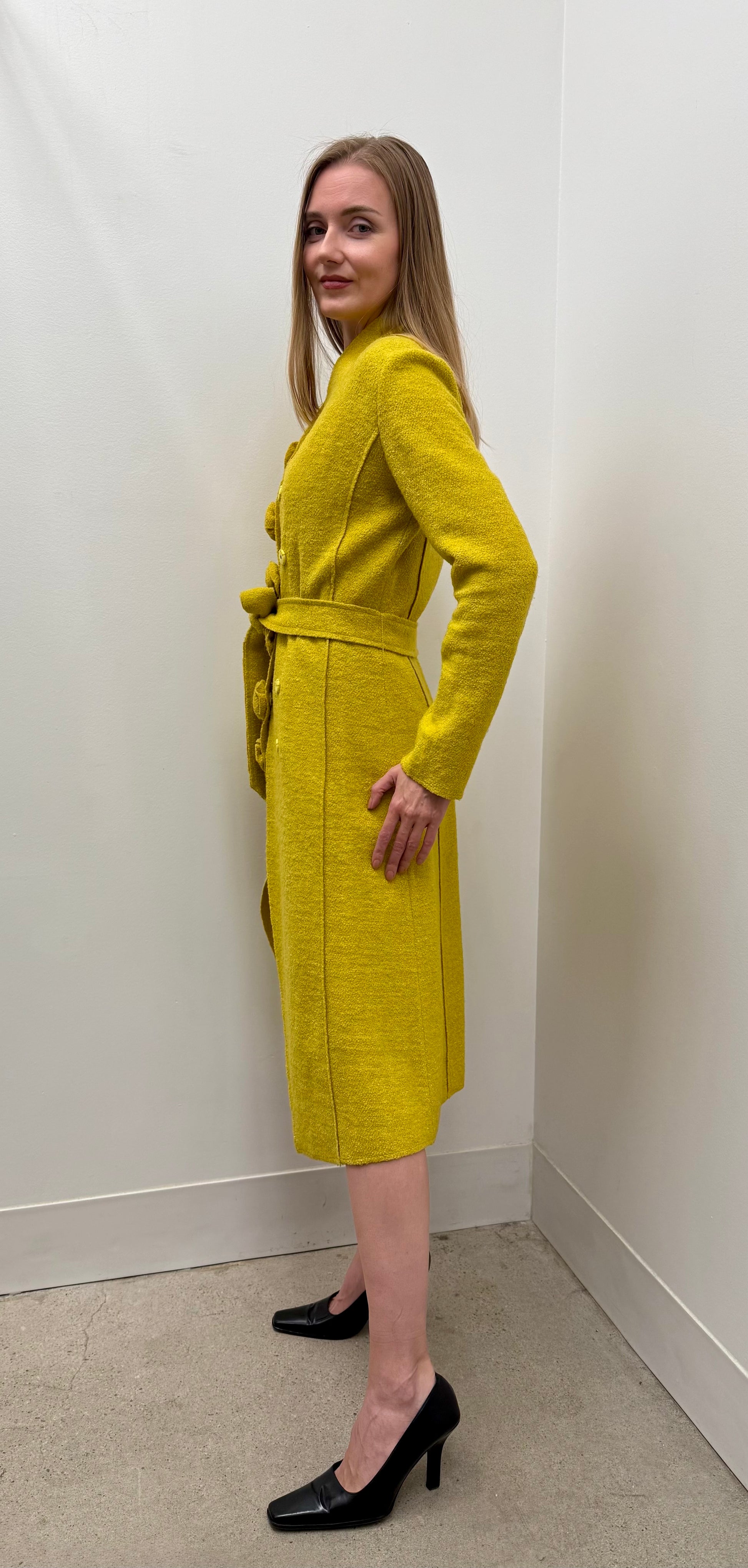 Chloé bouclé wool rosette button belted coat in chartreuse