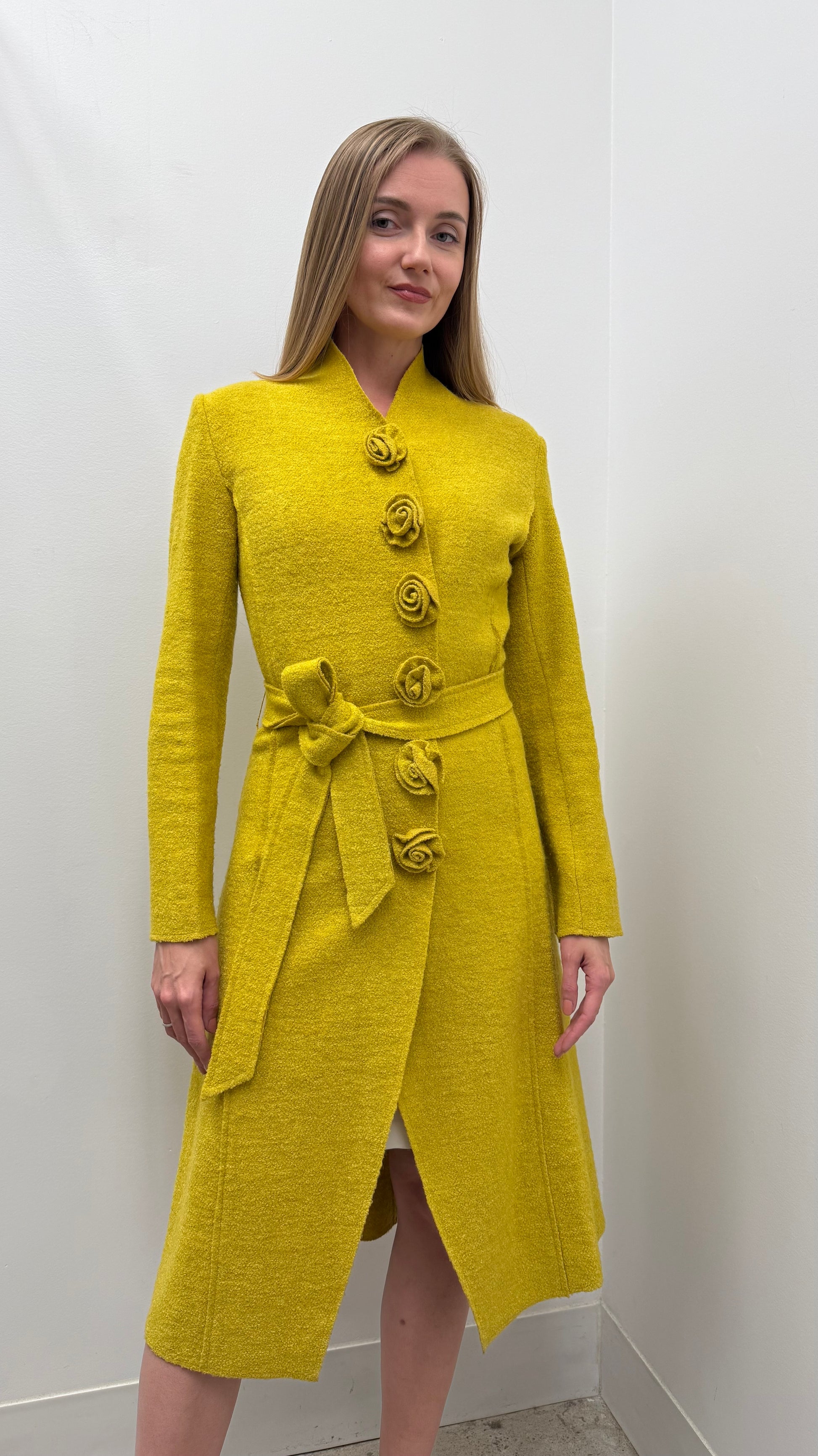 Chloé bouclé wool rosette button belted coat in chartreuse