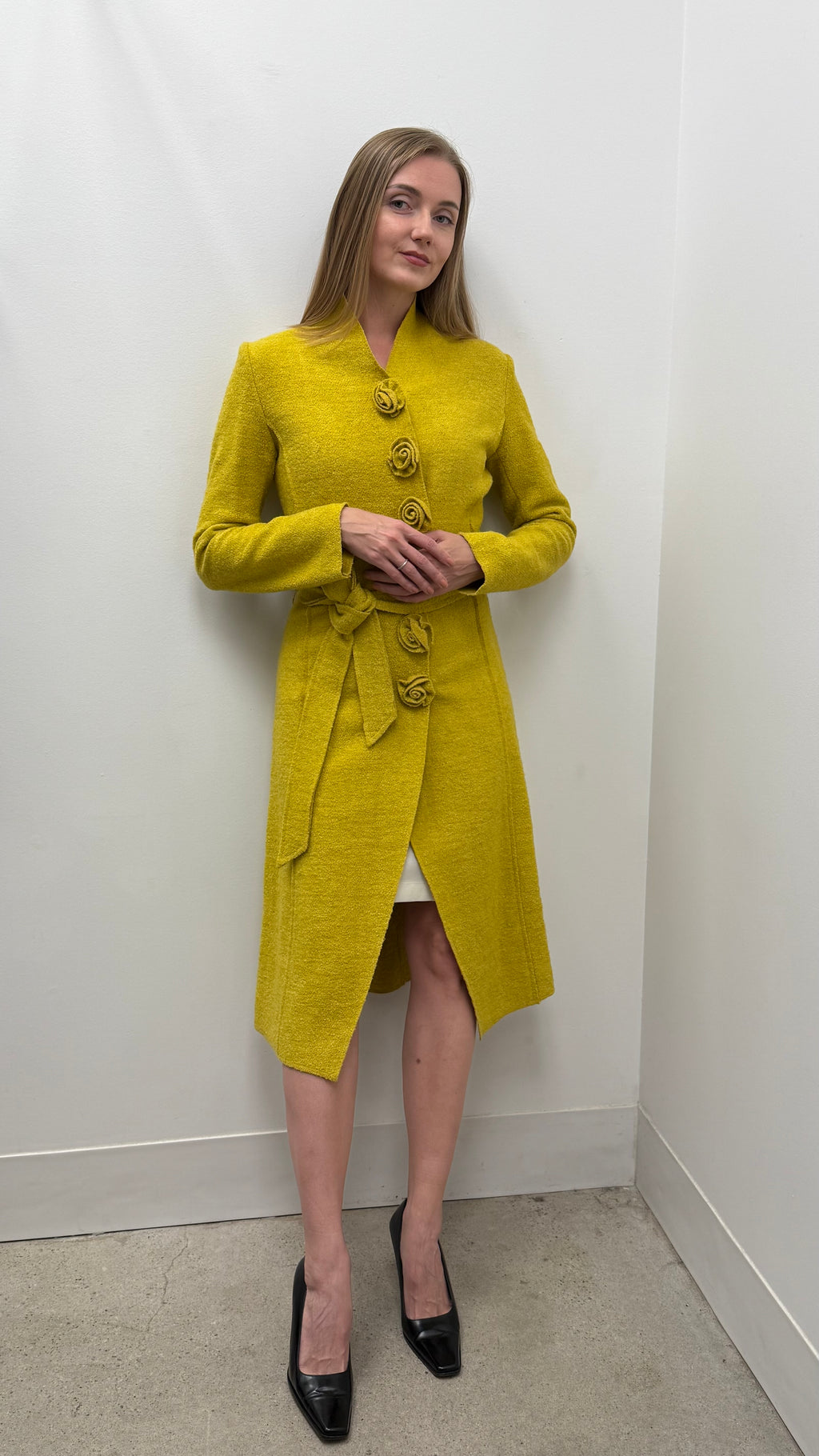 Chloé bouclé wool rosette button belted coat in chartreuse