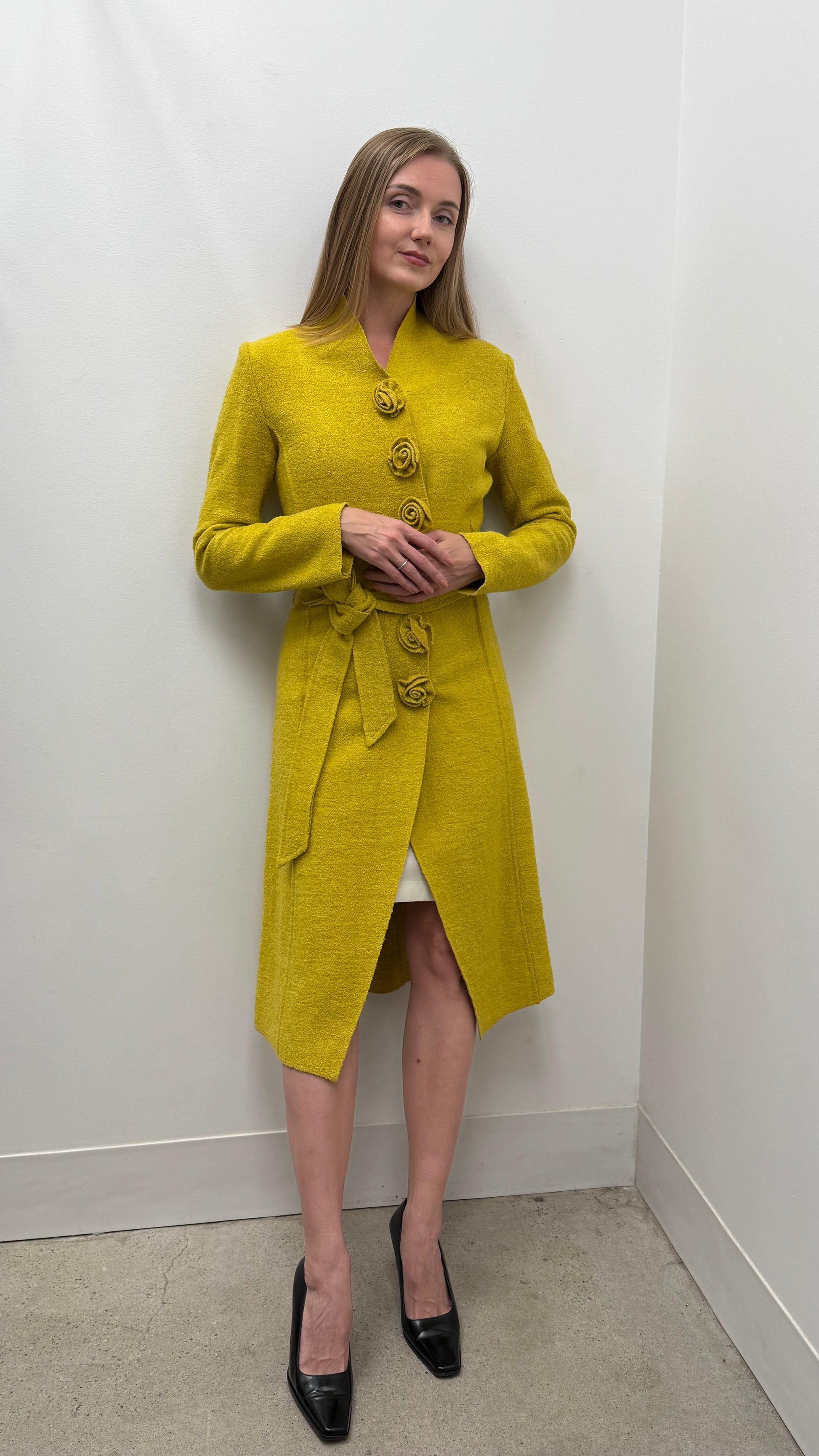 Chloé bouclé wool rosette button belted coat in chartreuse