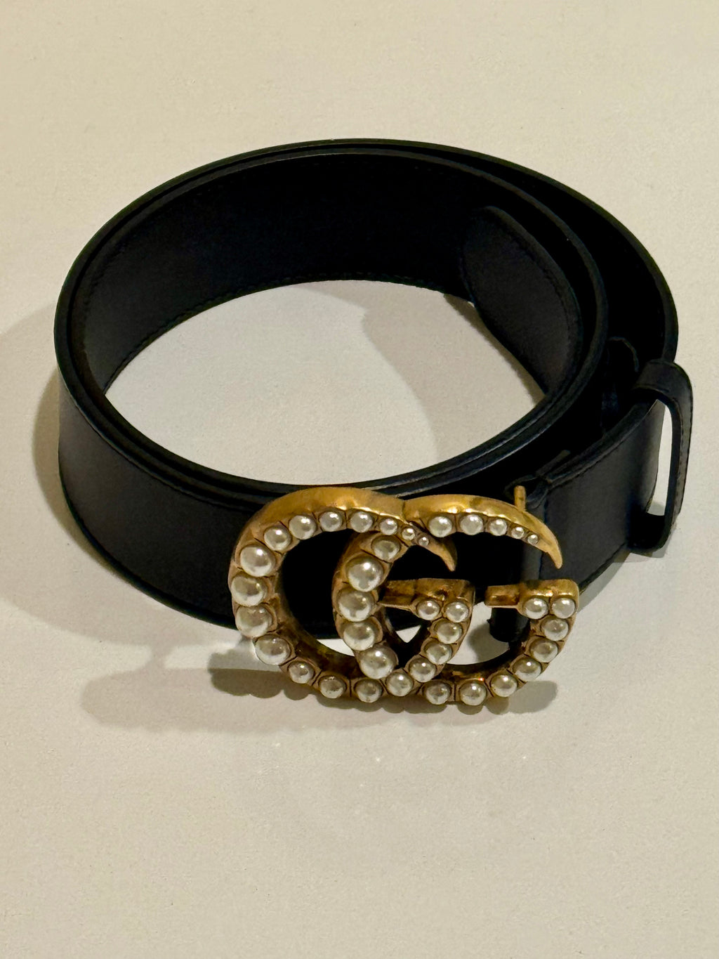 Gucci Broad Leather Belt with Pearl Double G Buckle