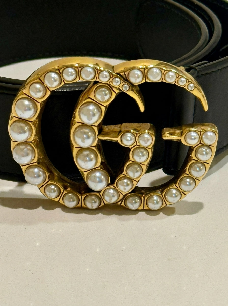 Gucci Broad Leather Belt with Pearl Double G Buckle