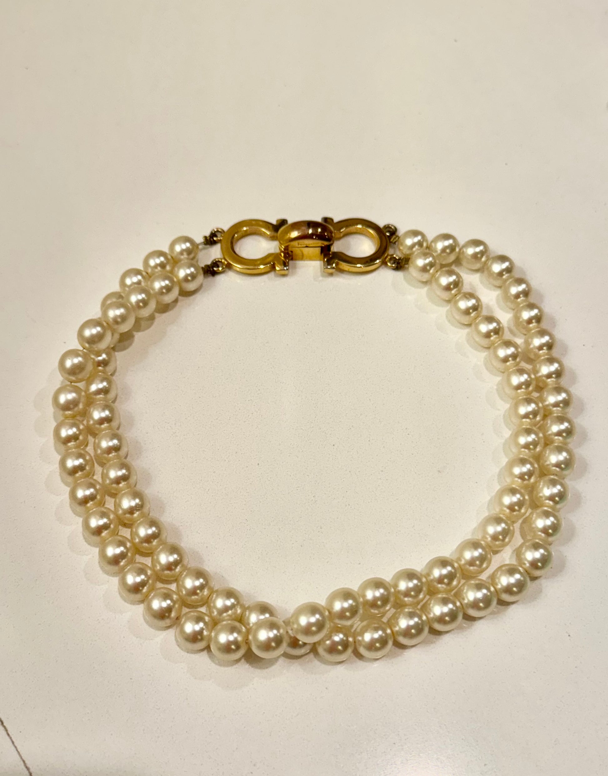 Salvatore Ferragamo Vintage Double Strand Faux Pearl Choker with Gold Tone Gancini Clasp