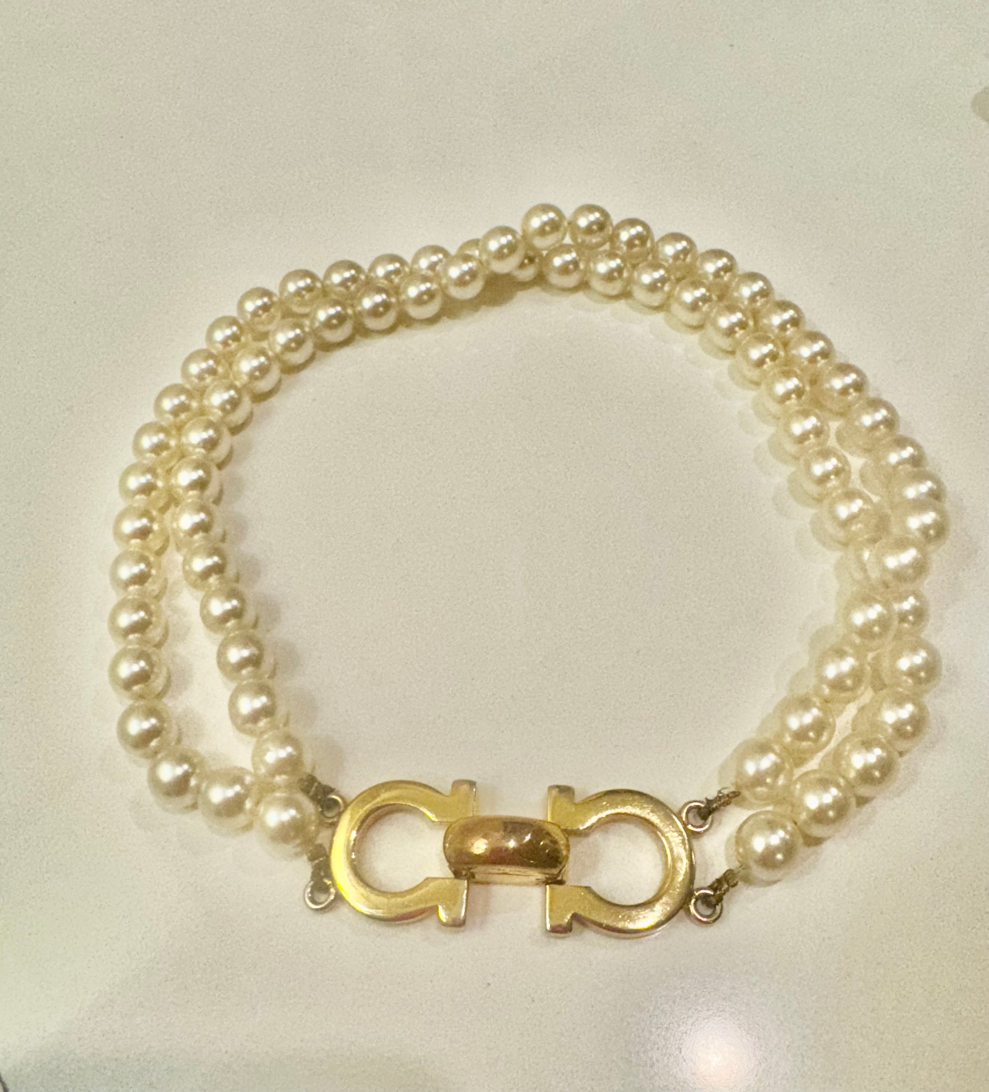 Salvatore Ferragamo Vintage Double Strand Faux Pearl Choker with Gold Tone Gancini Clasp