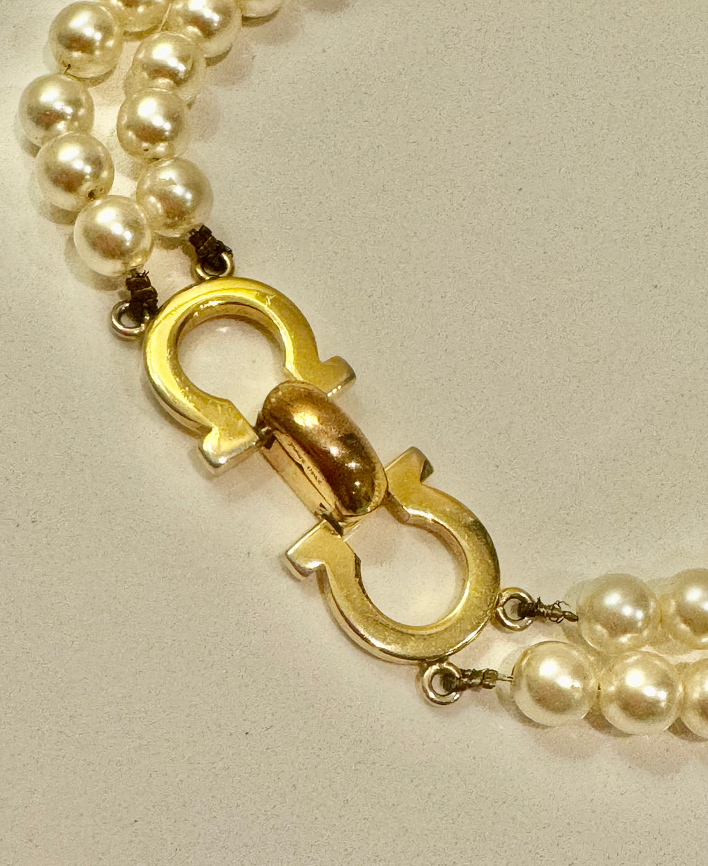 Salvatore Ferragamo Vintage Double Strand Faux Pearl Choker with Gold Tone Gancini Clasp