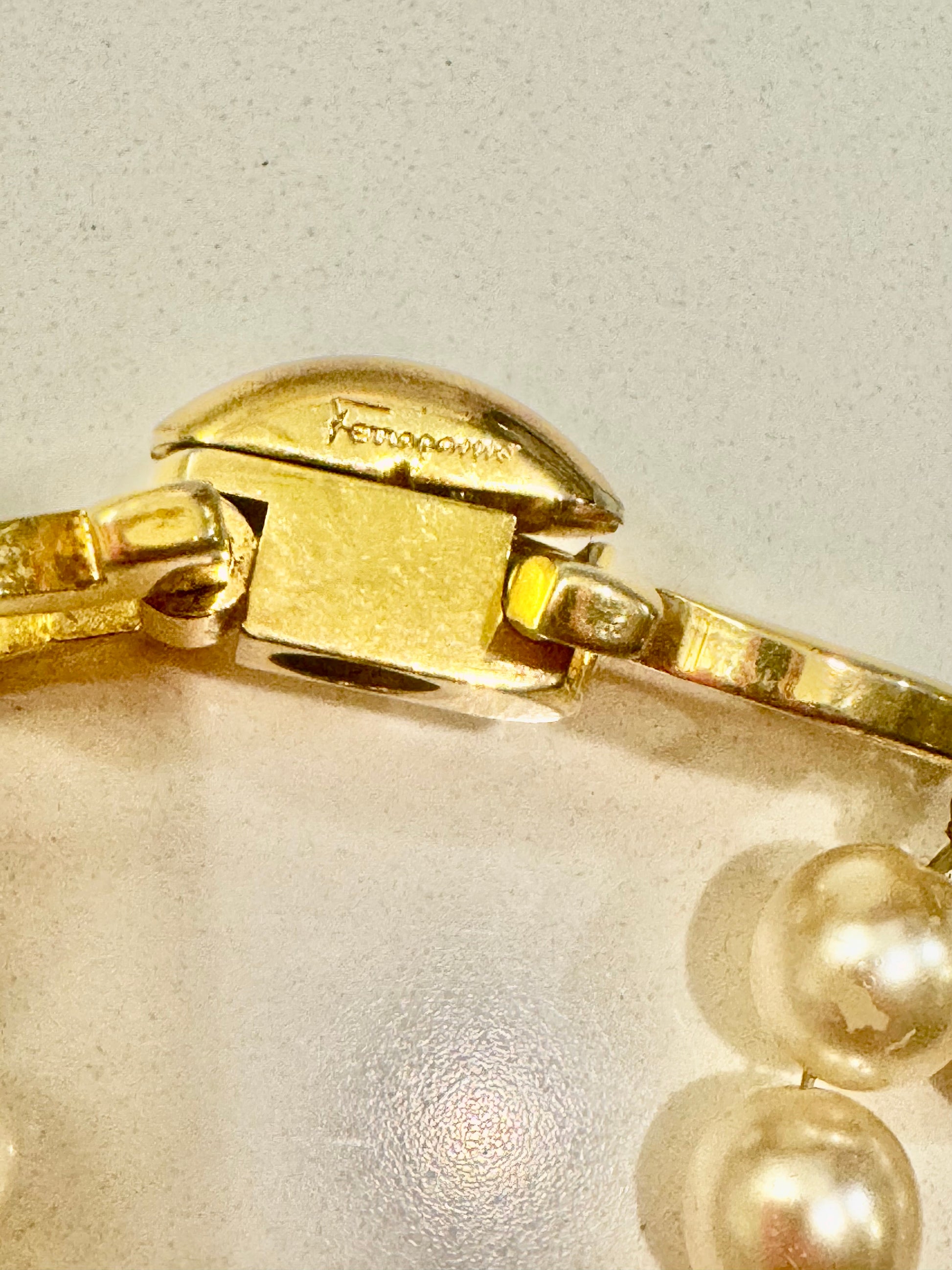Salvatore Ferragamo Vintage Double Strand Faux Pearl Choker with Gold Tone Gancini Clasp