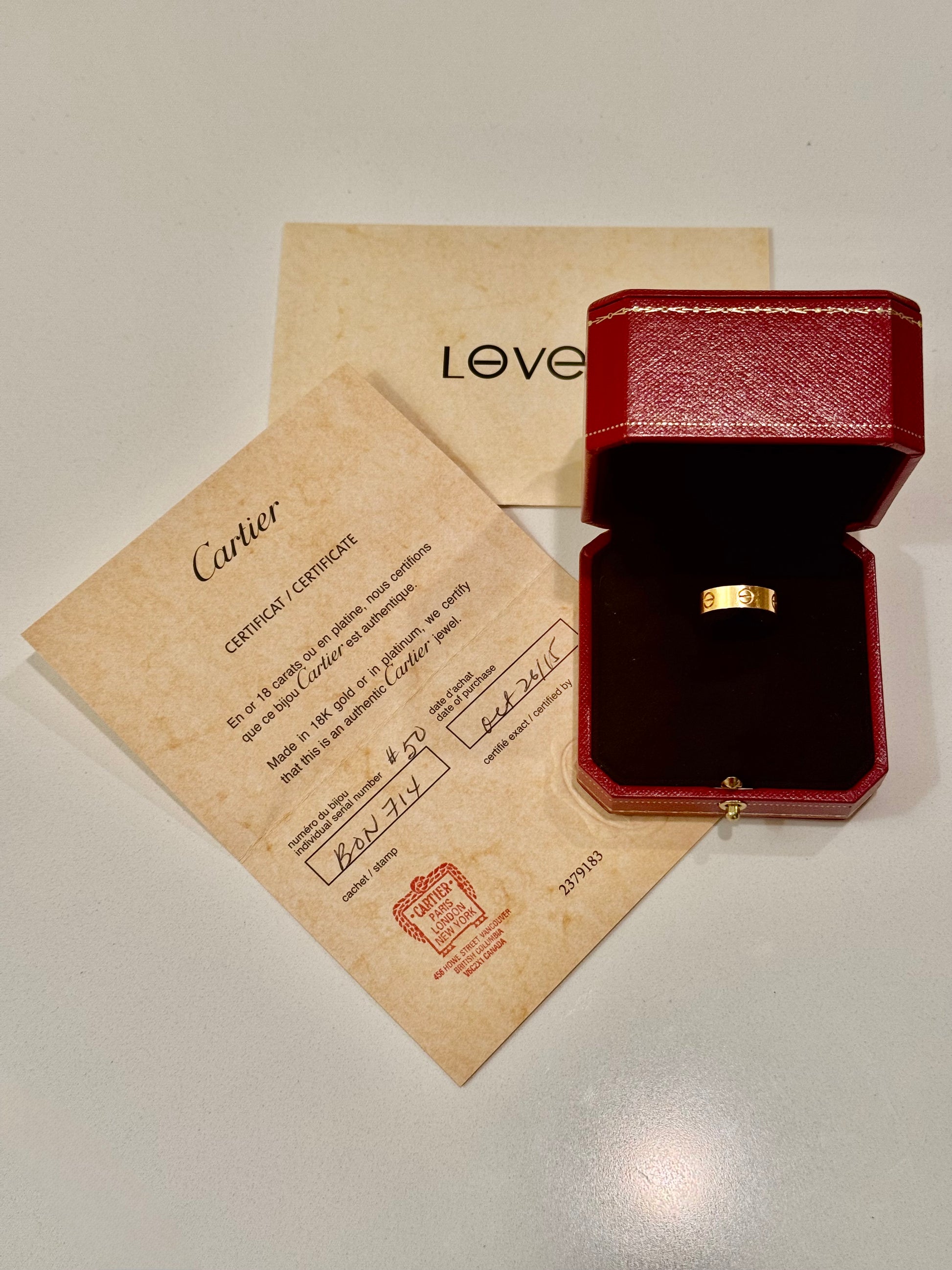 Cartier 18K Yellow Gold Love Wedding Band Size 50 / 5