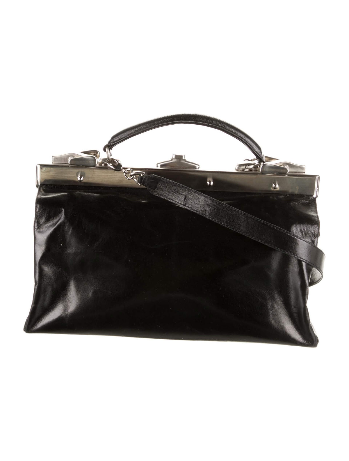 Balmain Leather Top Handle Bag, Black Leather, Silver Hardware