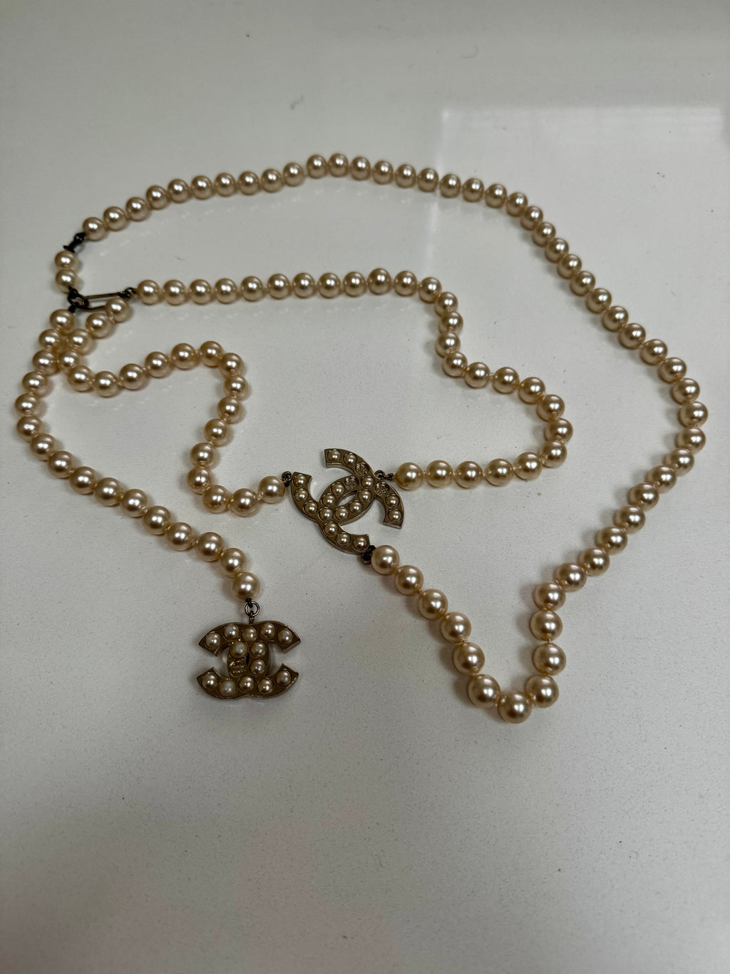 Chanel Pearl CC Long Necklace, Light Gold Tone (c. 2014)