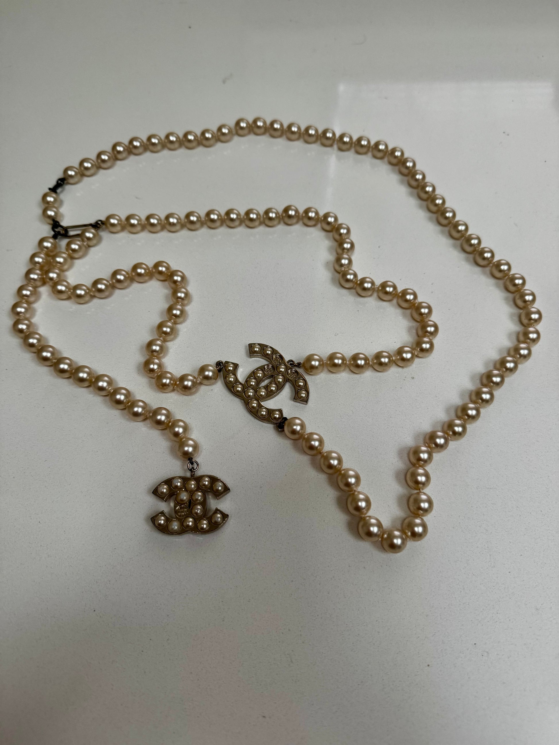 Chanel Pearl CC Long Necklace, Light Gold Tone (c. 2014)