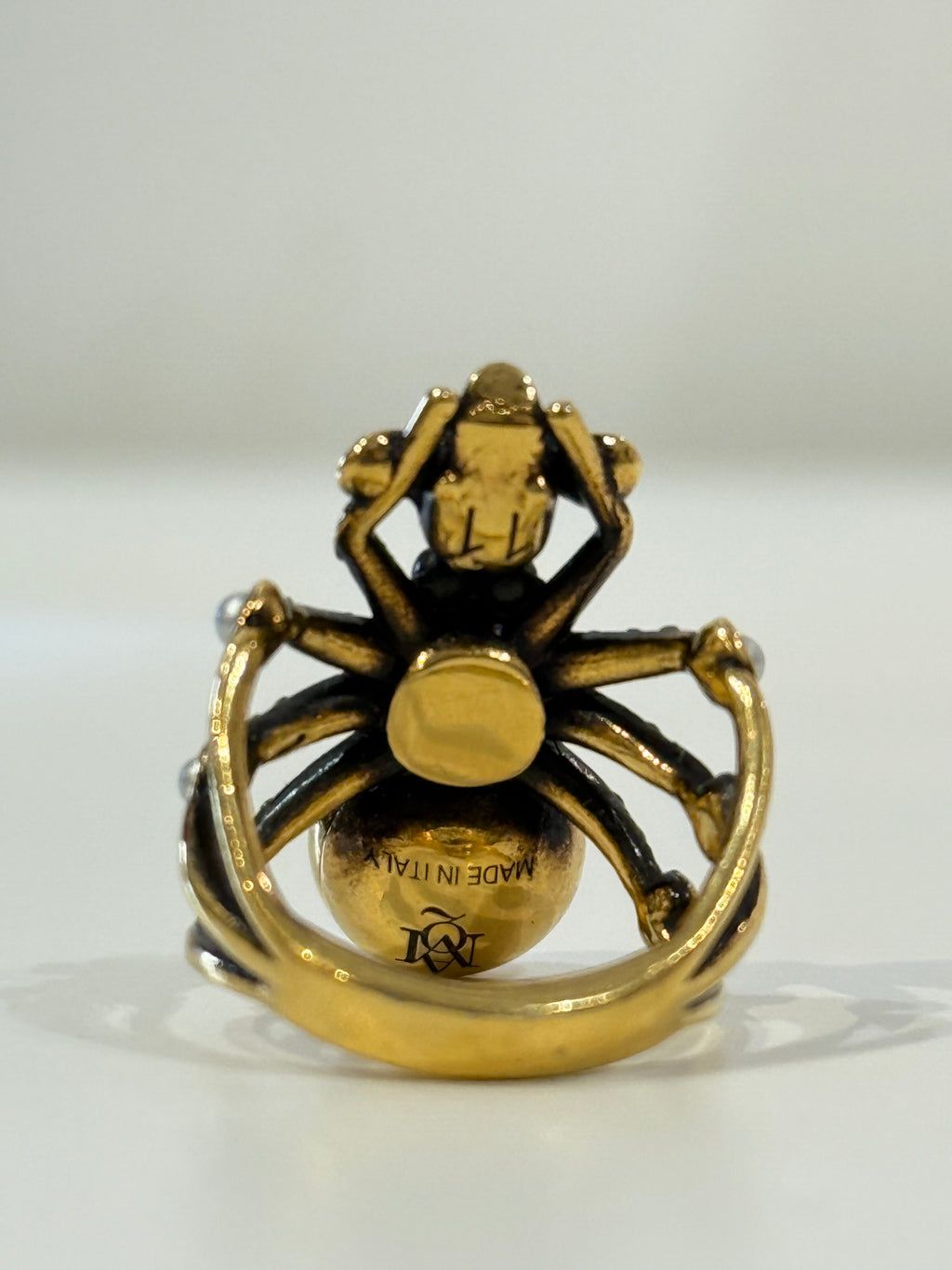Alexander McQueen gold tone crystal and pearl spider statement ring