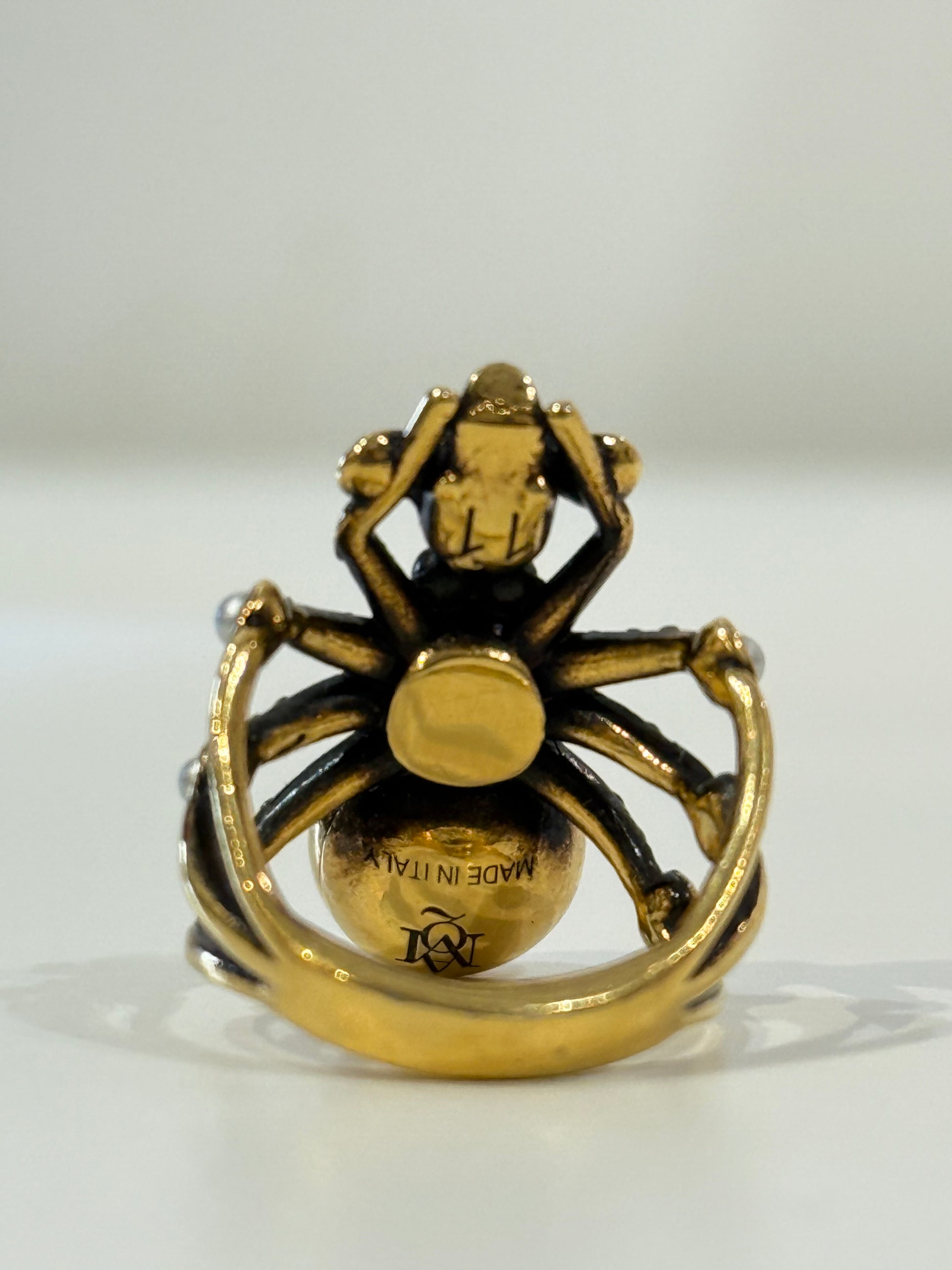 Alexander McQueen gold tone crystal and pearl spider statement ring