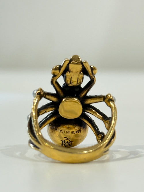 Alexander McQueen gold tone crystal and pearl spider statement ring