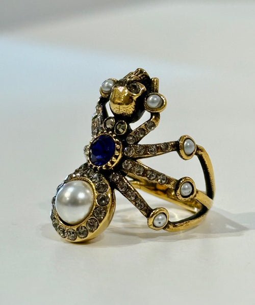 Alexander McQueen gold tone crystal and pearl spider statement ring