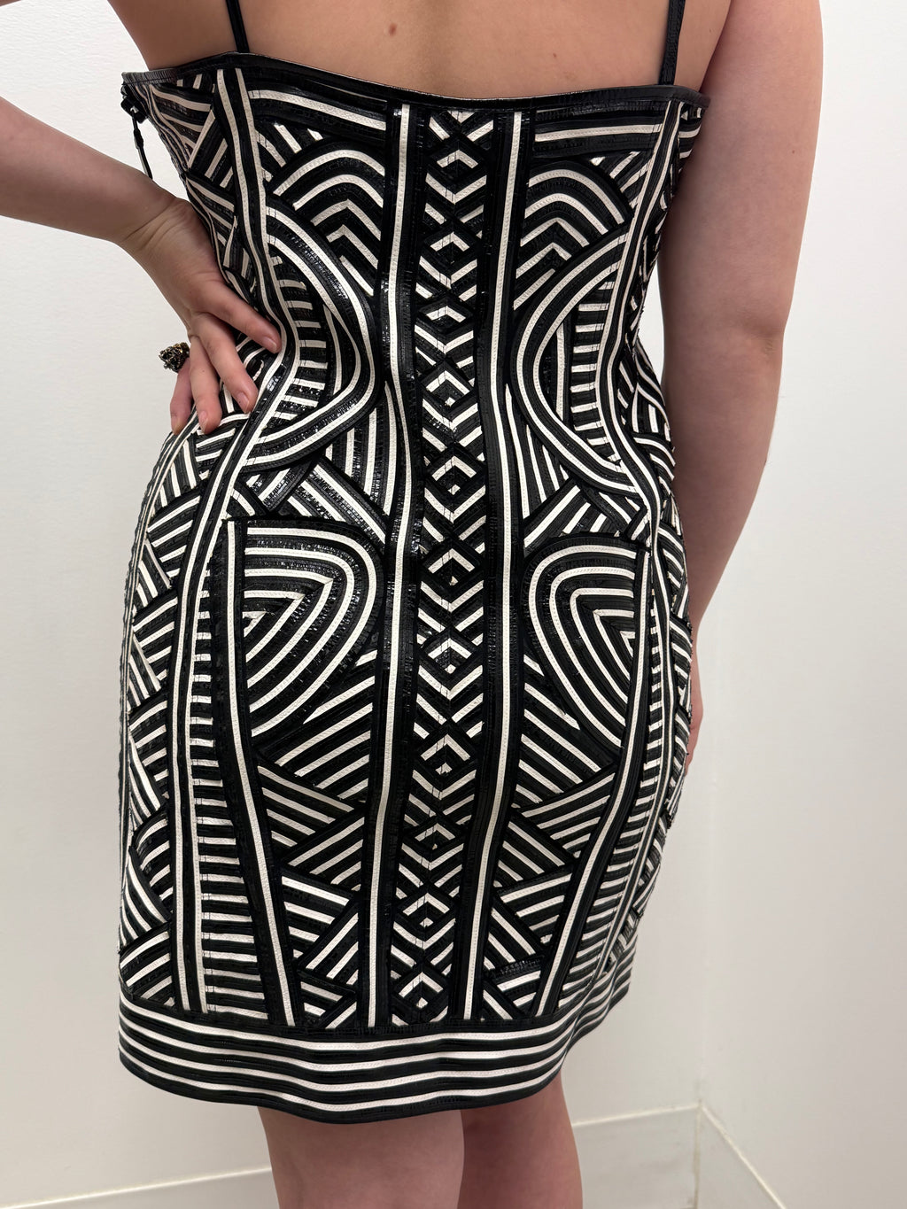 Emilio Pucci Runway Leather Paneled Stretch Mesh Mini Dress in Black and White