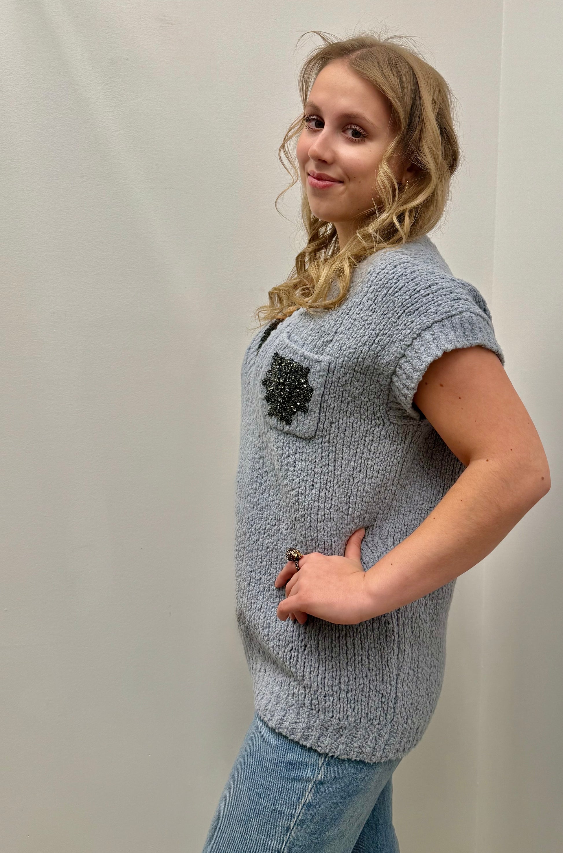 Brunello Cucinelli Beaded Pocket Cap Sleeve Knit Top